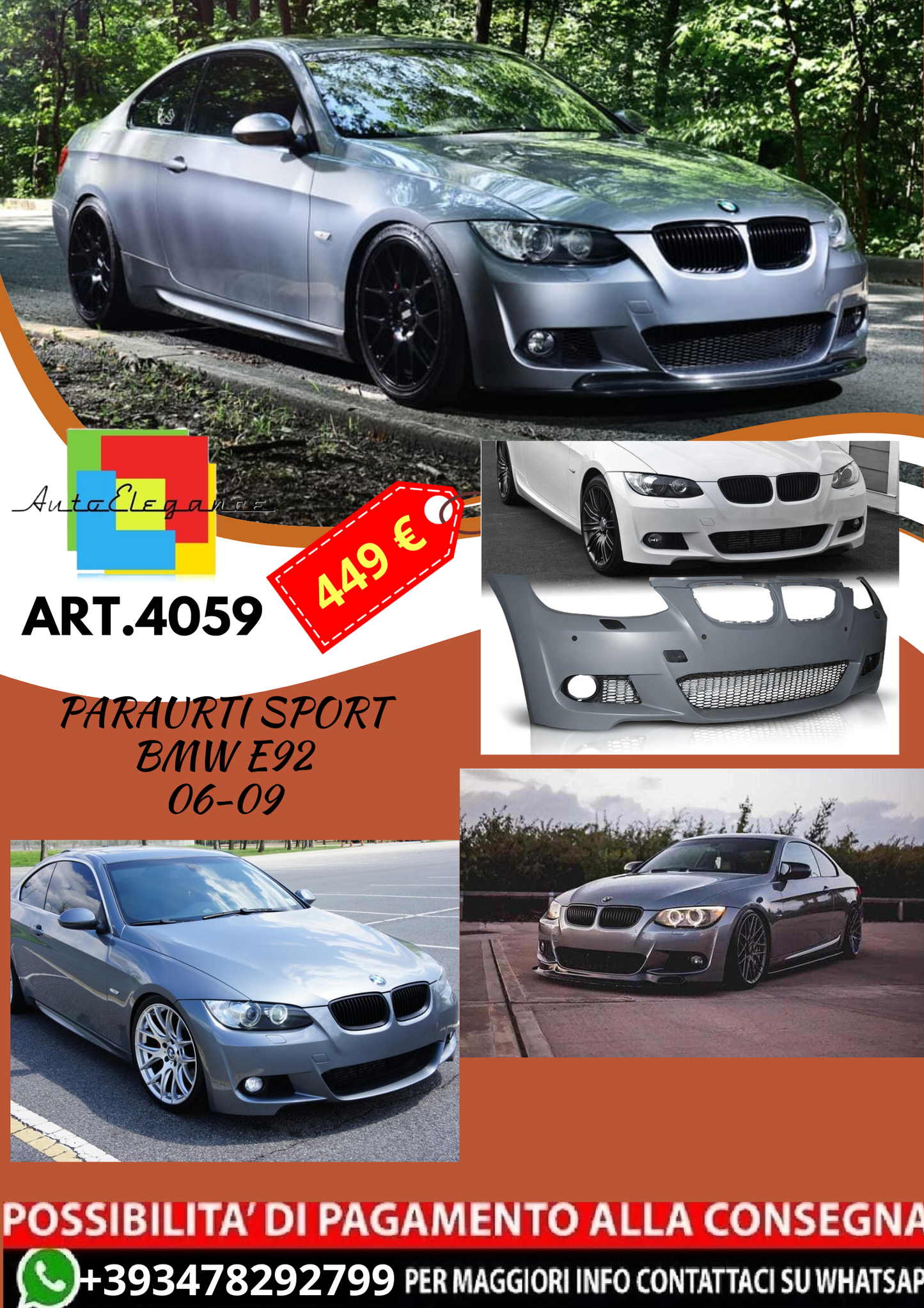 💥ART.4059 PARAURTI ANTERIORE SPORT adatto per BMW E92 06-09 LOOK M3💥