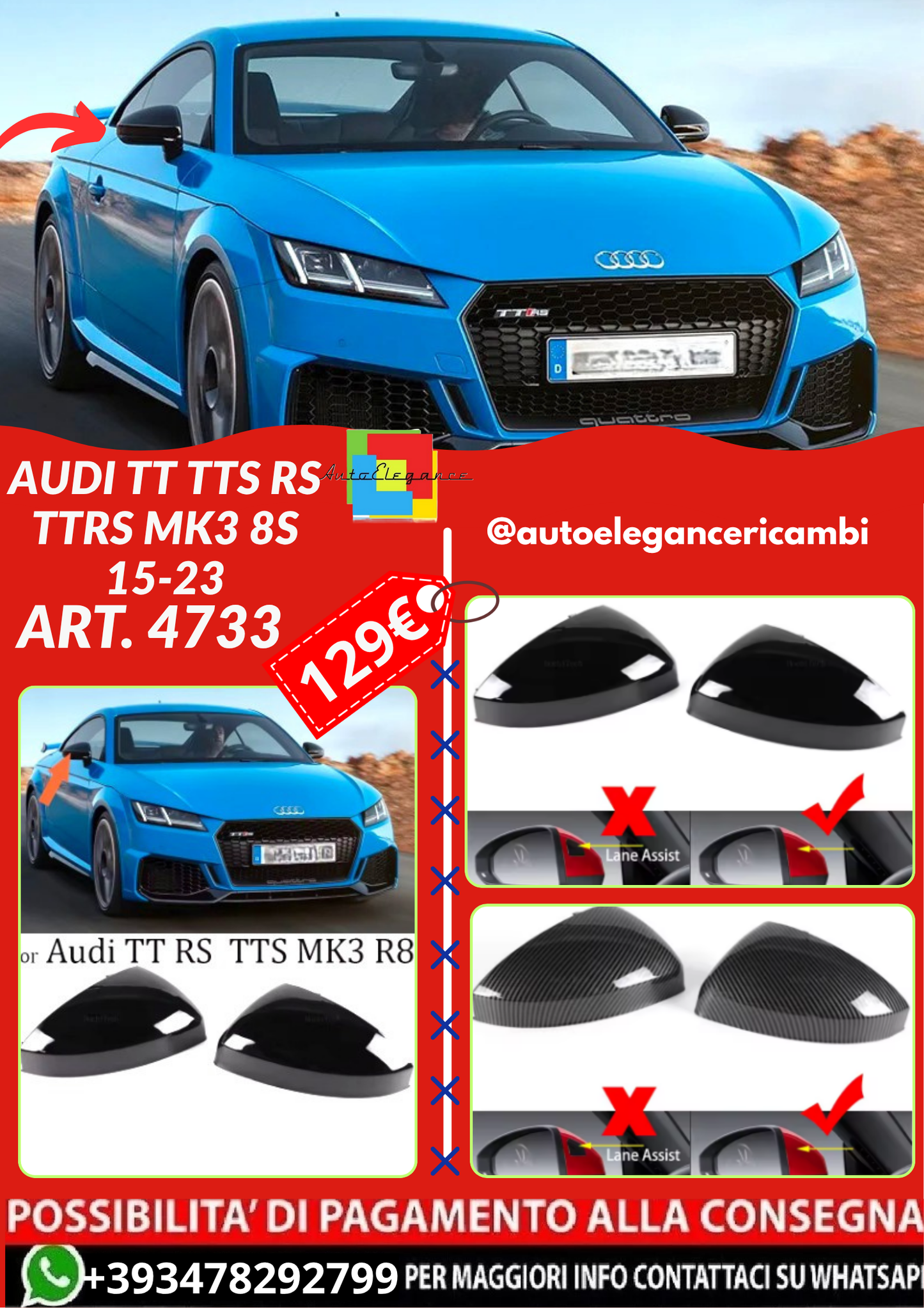 💫ART.4733 Copertura specchietto adatto per Audi TT TTS RS TTRS MK3 8S 15-23💫