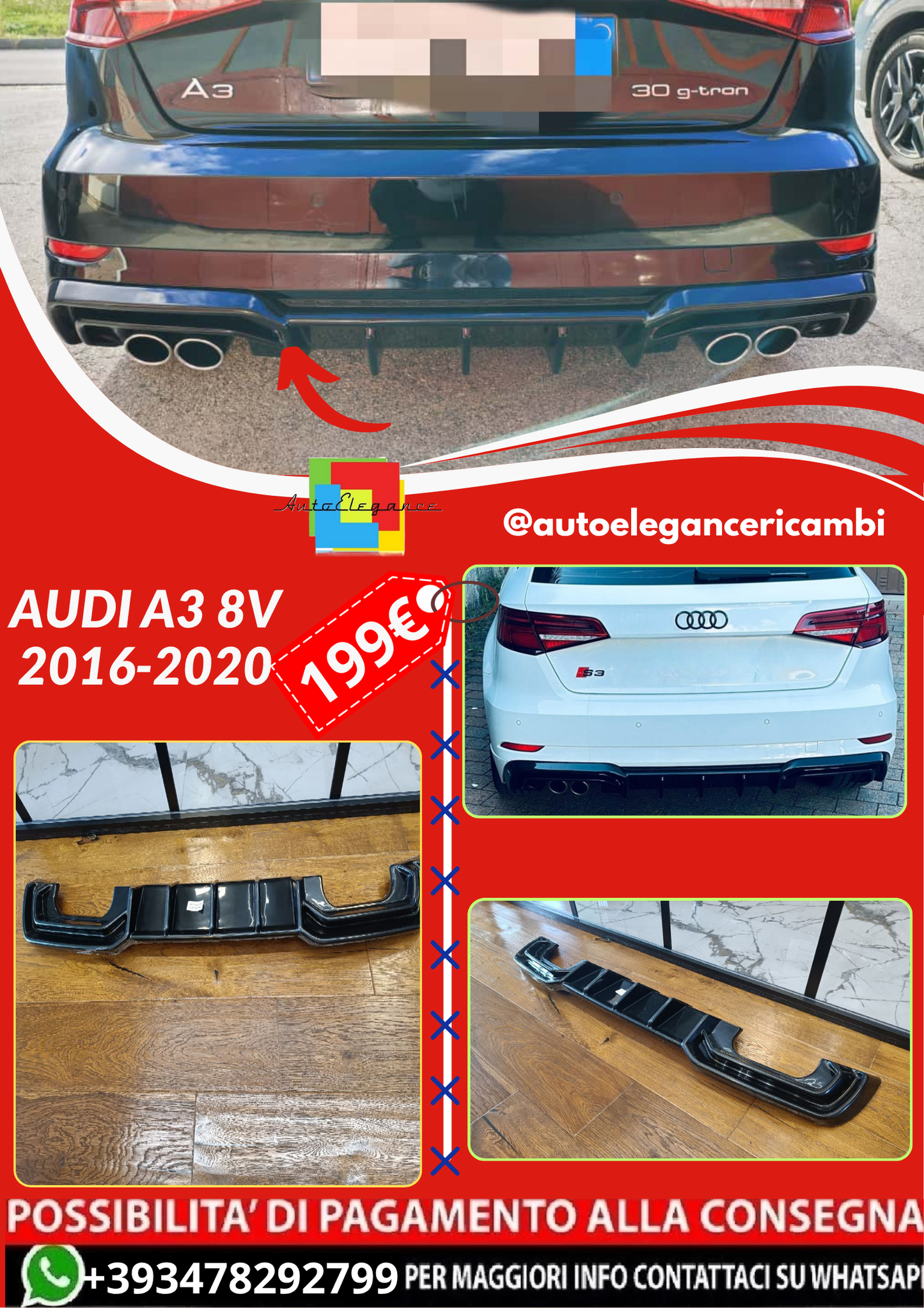 ART.2129 DIFFUSORE AUDI  A3 8V 2016-2020 S3 SLINE NERO LUCIDO 2+2