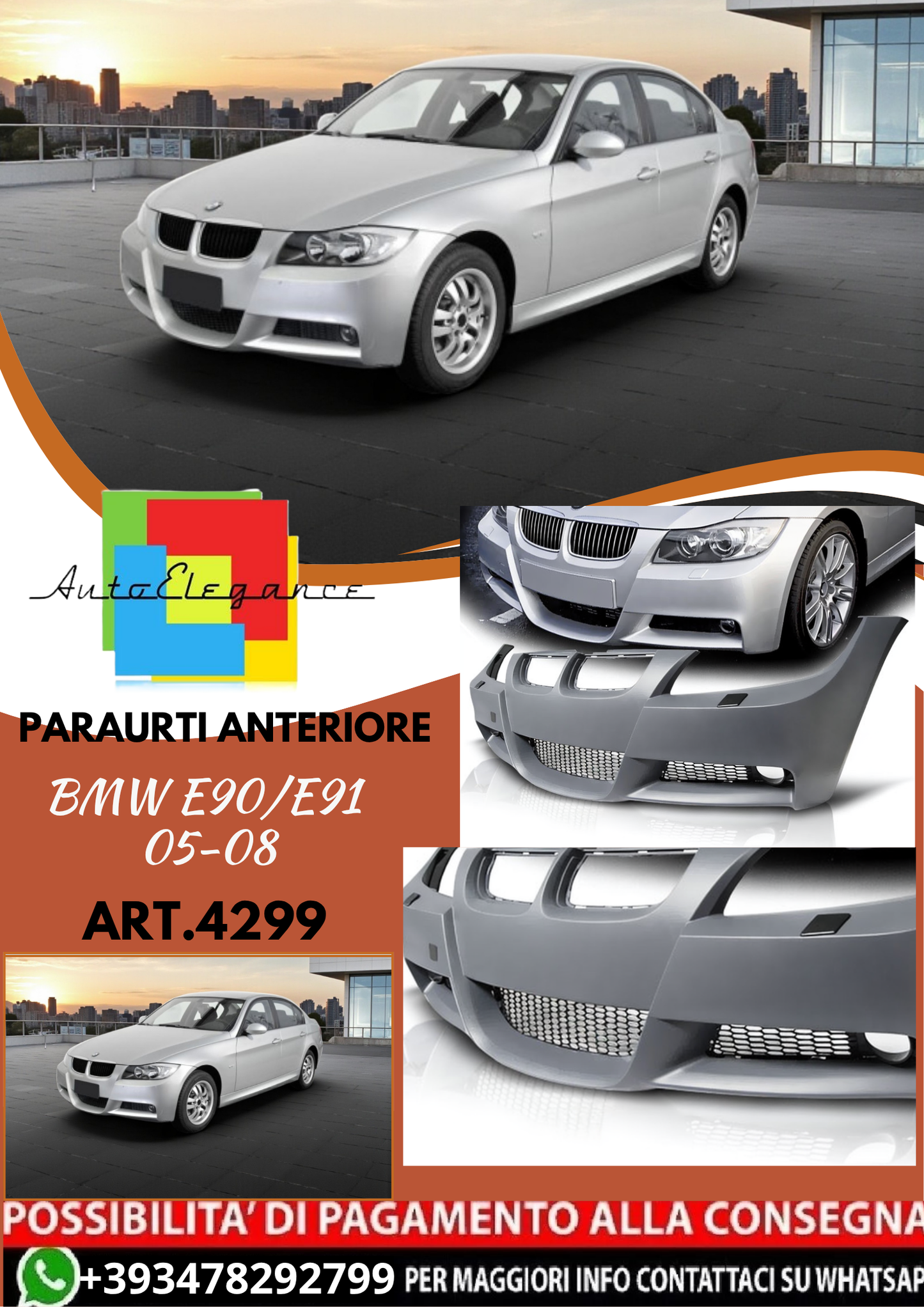 💥ART.4299 Paraurti Anteriore adatto per BMW E90/E91 05-08 LOOK M3💥