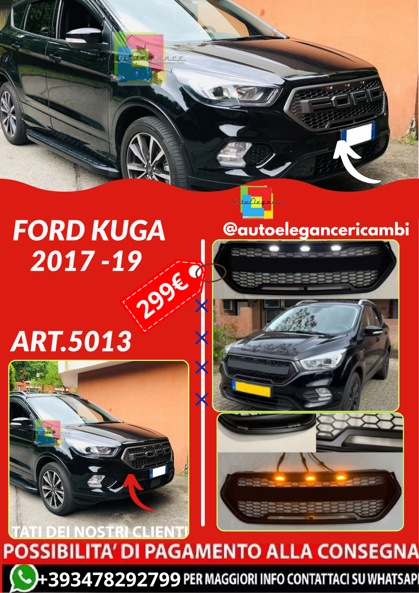 💫ART.5013 Griglia anteriore a nido d'ape nera per Ford Kuga mk2 17-19💫