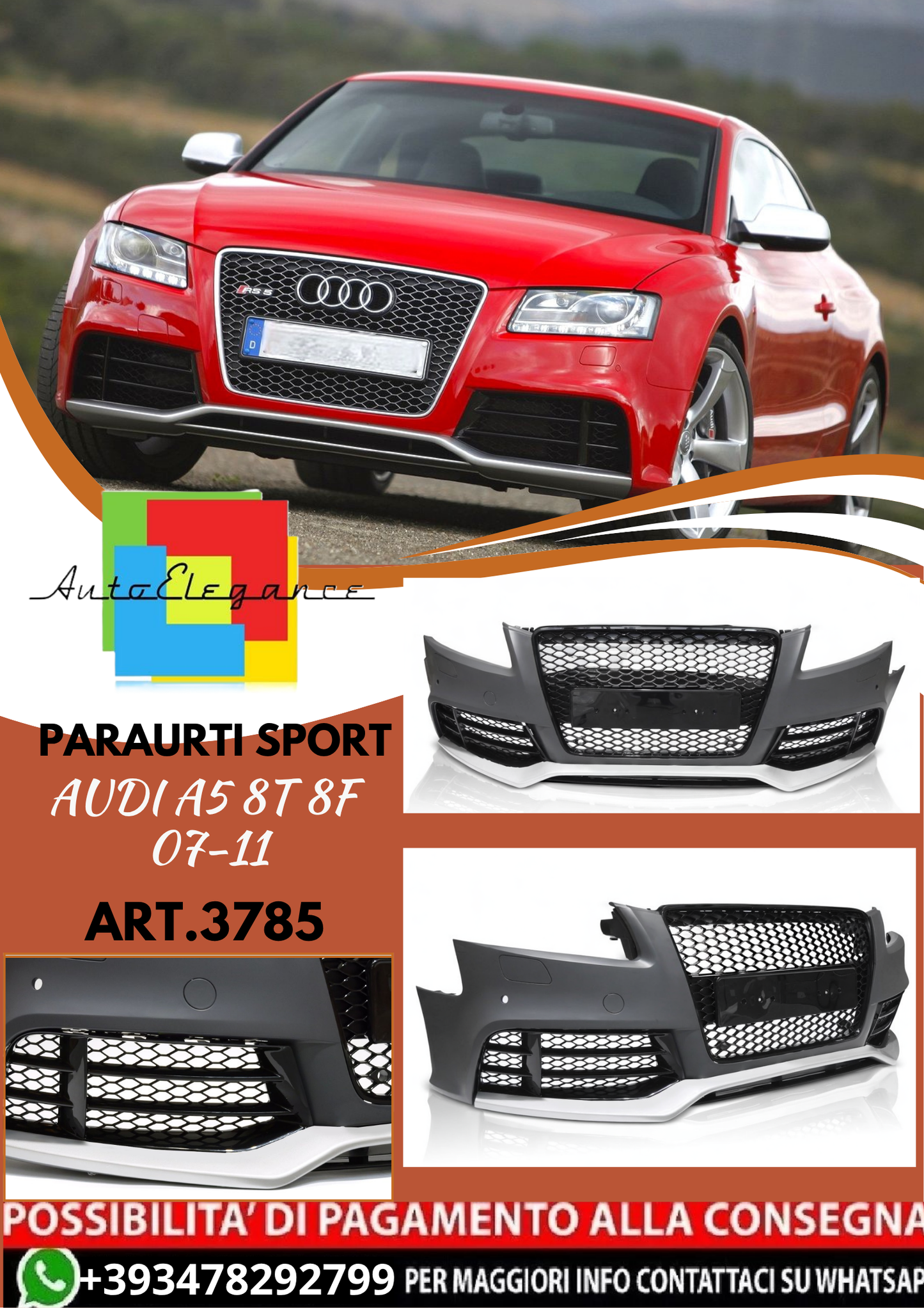 💥ART.3785 PARAURTI ANTERIORE SPORT adatto per AUDI A5 8T 8F 07-11 LOOK RS5💥