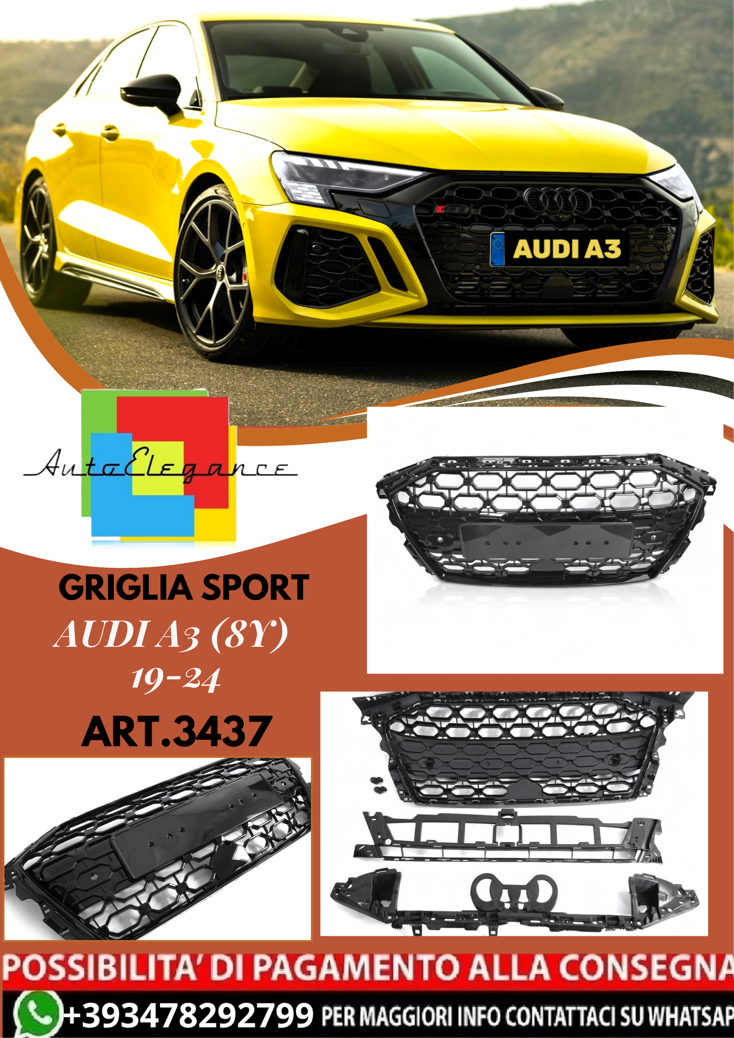 💥ART.3437 GRIGLIA SPORT adatto per AUDI A3 (8Y) 19-24💥