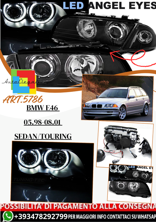 💫ART.5786 Fari anteriori Angel Eyes LED neri adatti per BMW E46 05.98–08.01 S/T💫