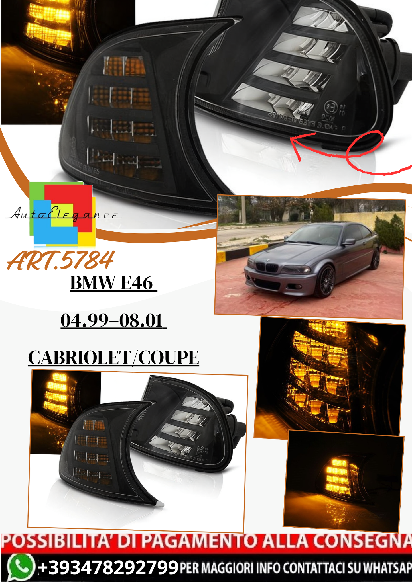 💫ART.5784 Indicatori anteriori LED neri adatti per BMW E46 04.99–08.01 Coupe/Cabriolet💫
