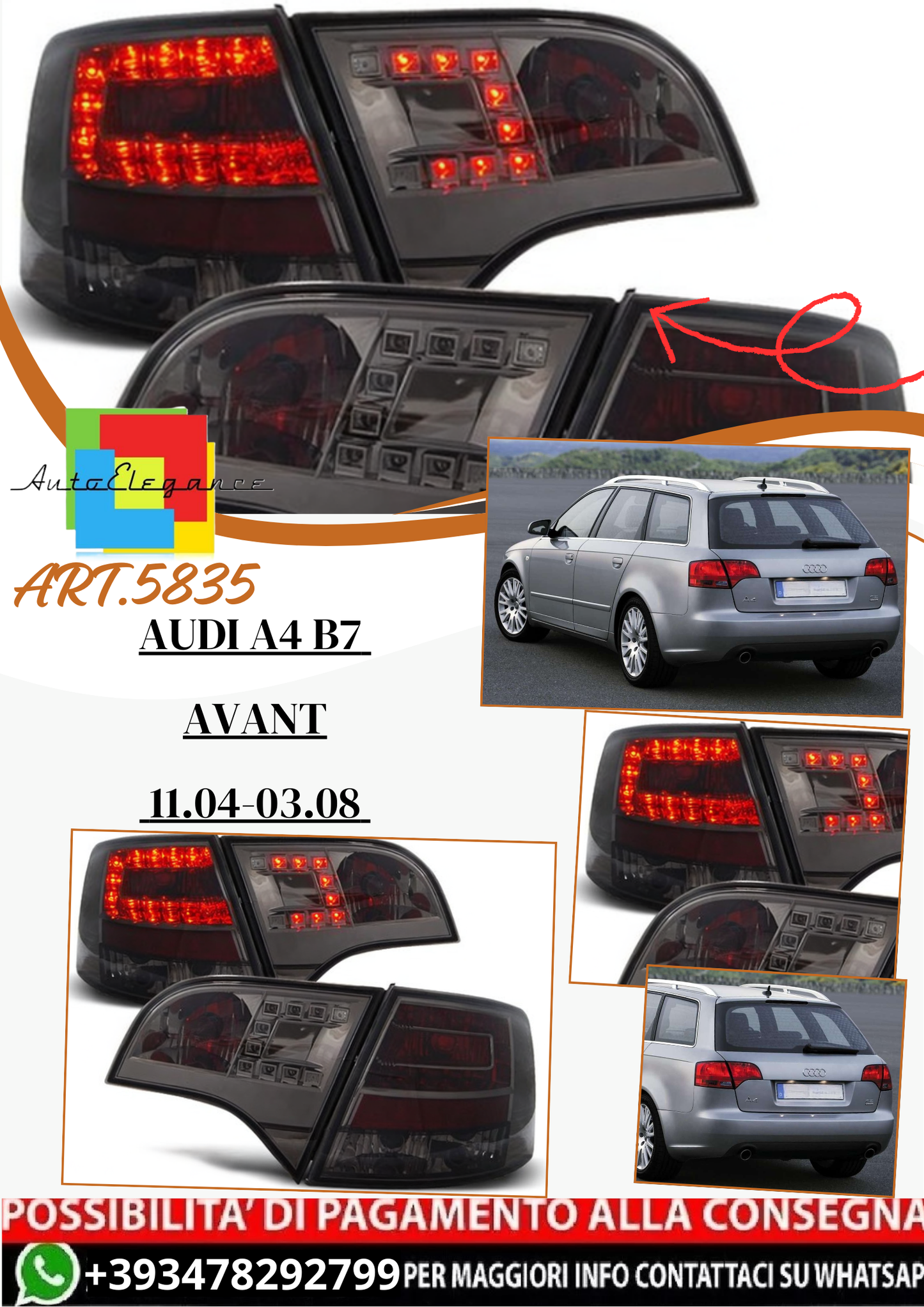 💫ART.5835 Fanali posteriori LED fumé adatti per Audi A4 Avant B7 11.04–03.08💫