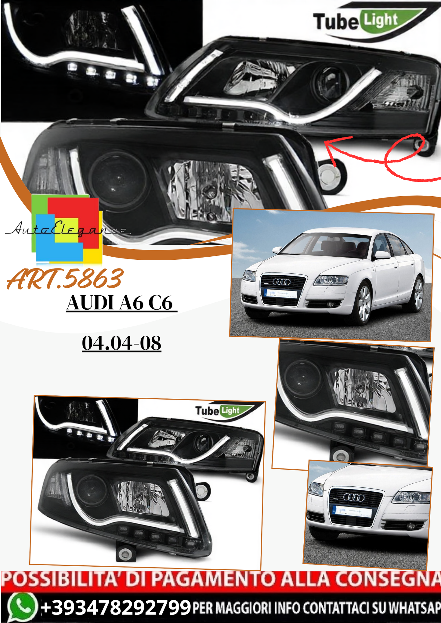 💫ART.5863 Fari anteriori neri adatti per AUDI A6 C6 04.04-08💫