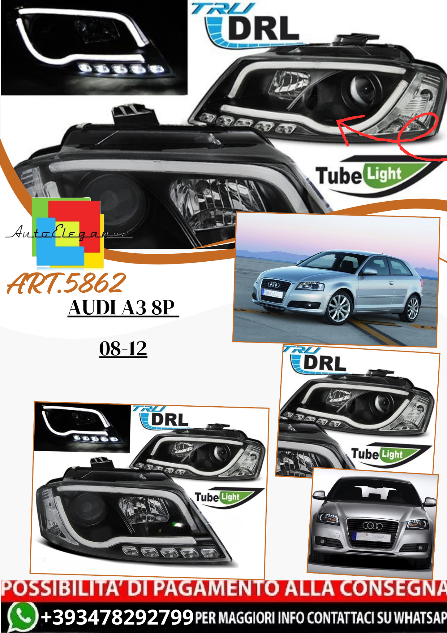 💫ART.5862 Fari anteriori TUBE LIGHT DRL neri adatti per Audi A3 8P 2008–2012💫