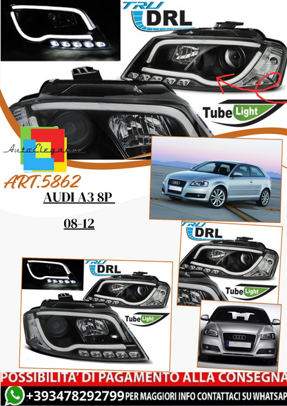 💫ART.5862 Fari anteriori TUBE LIGHT DRL neri adatti per Audi A3 8P 2008–2012💫