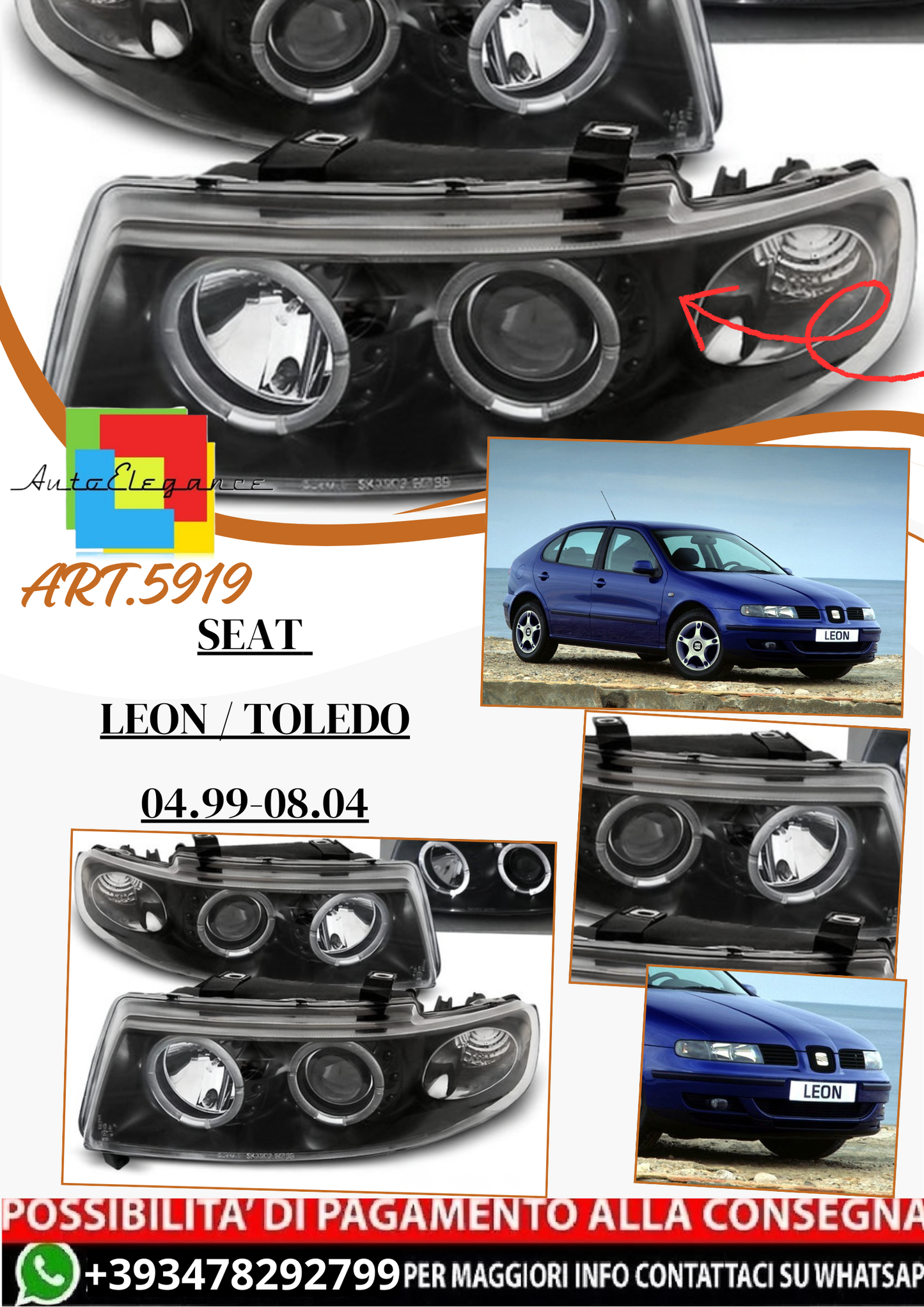 💫ART.5919 Fari anteriori ANGEL EYES adatti per SEAT LEON/TOLEDO 04.99-08.04💫