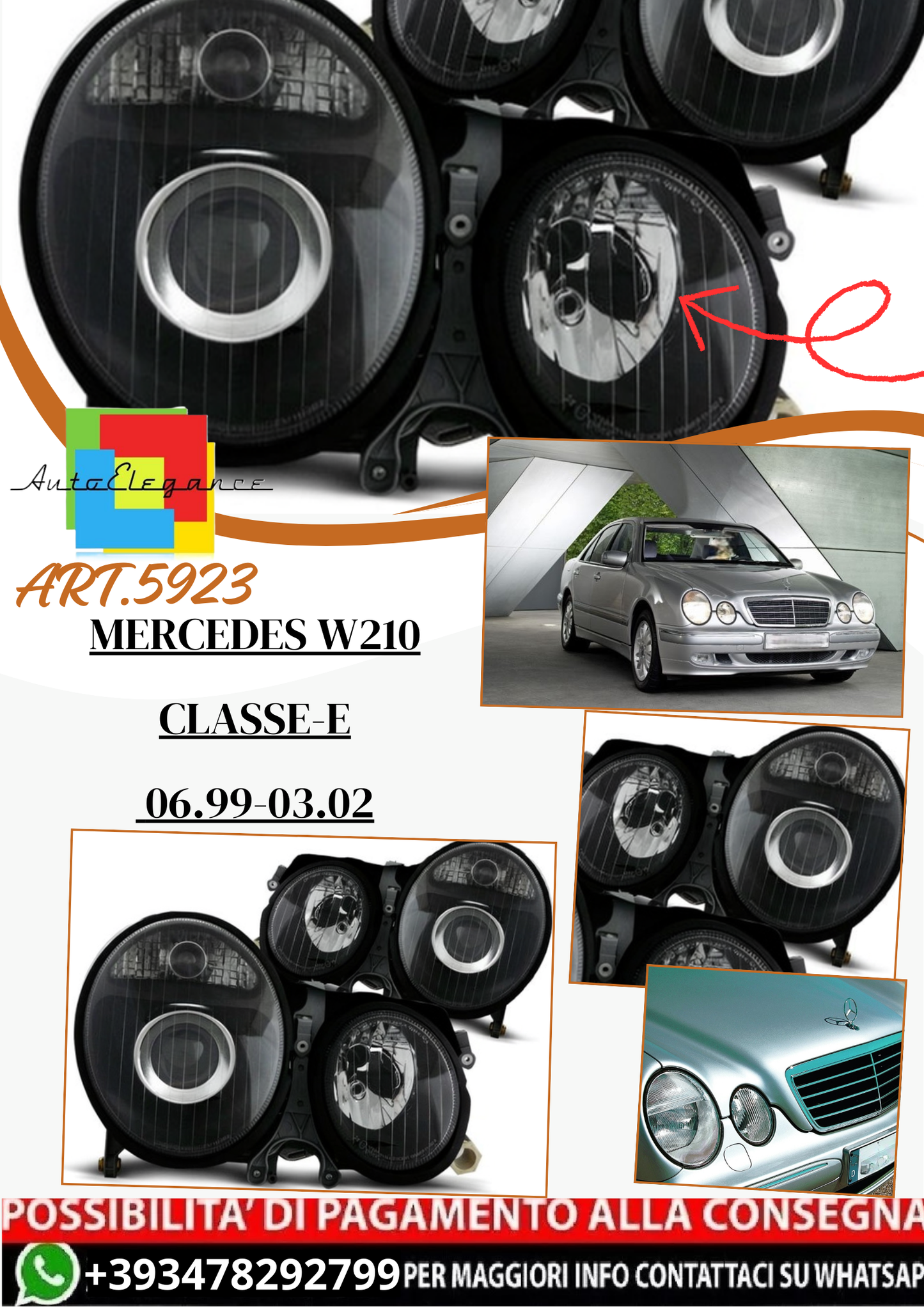 💫 ART.5923 Fari anteriori neri adatti per Mercedes W210 Classe E 06.99–03.02 💫