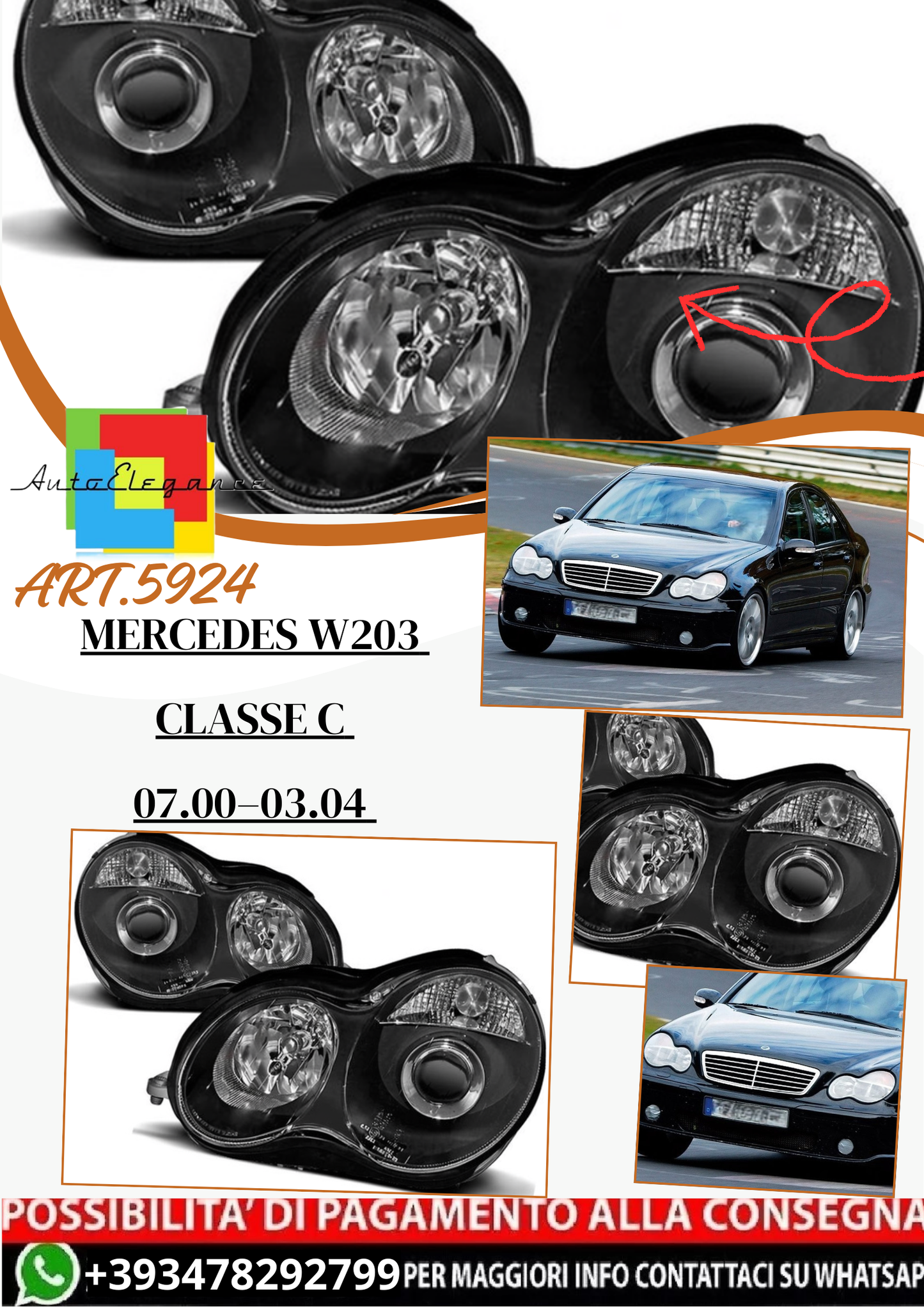 💫 ART.5924 Fari anteriori neri adatti per Mercedes W203 Classe C 07.00–03.04 💫