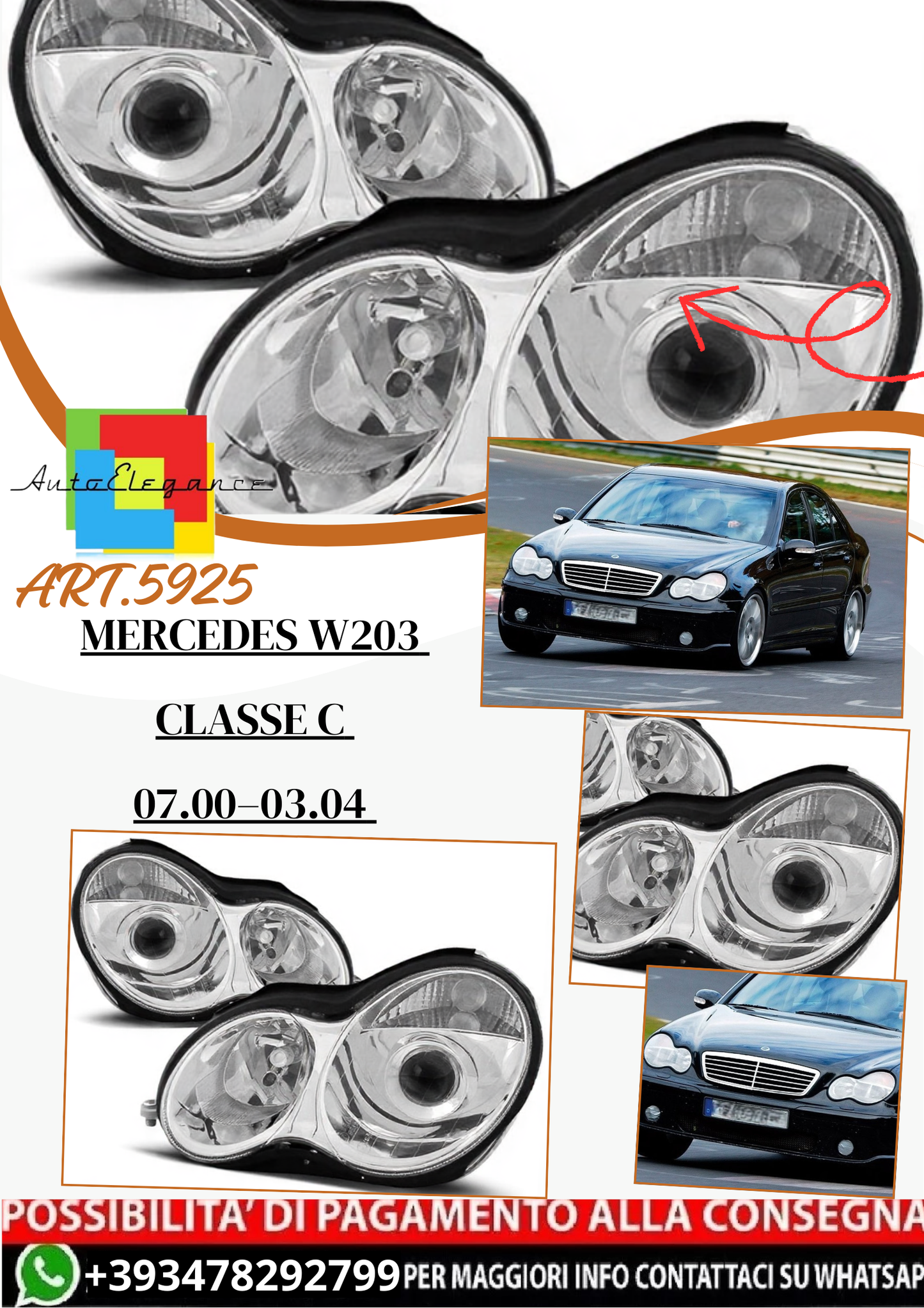 💫 ART.5925 Fari anteriori cromati adatti per Mercedes W203 Classe C 07.00–03.04 💫