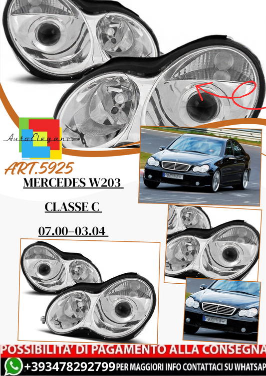 💫 ART.5925 Fari anteriori cromati adatti per Mercedes W203 Classe C 07.00–03.04 💫