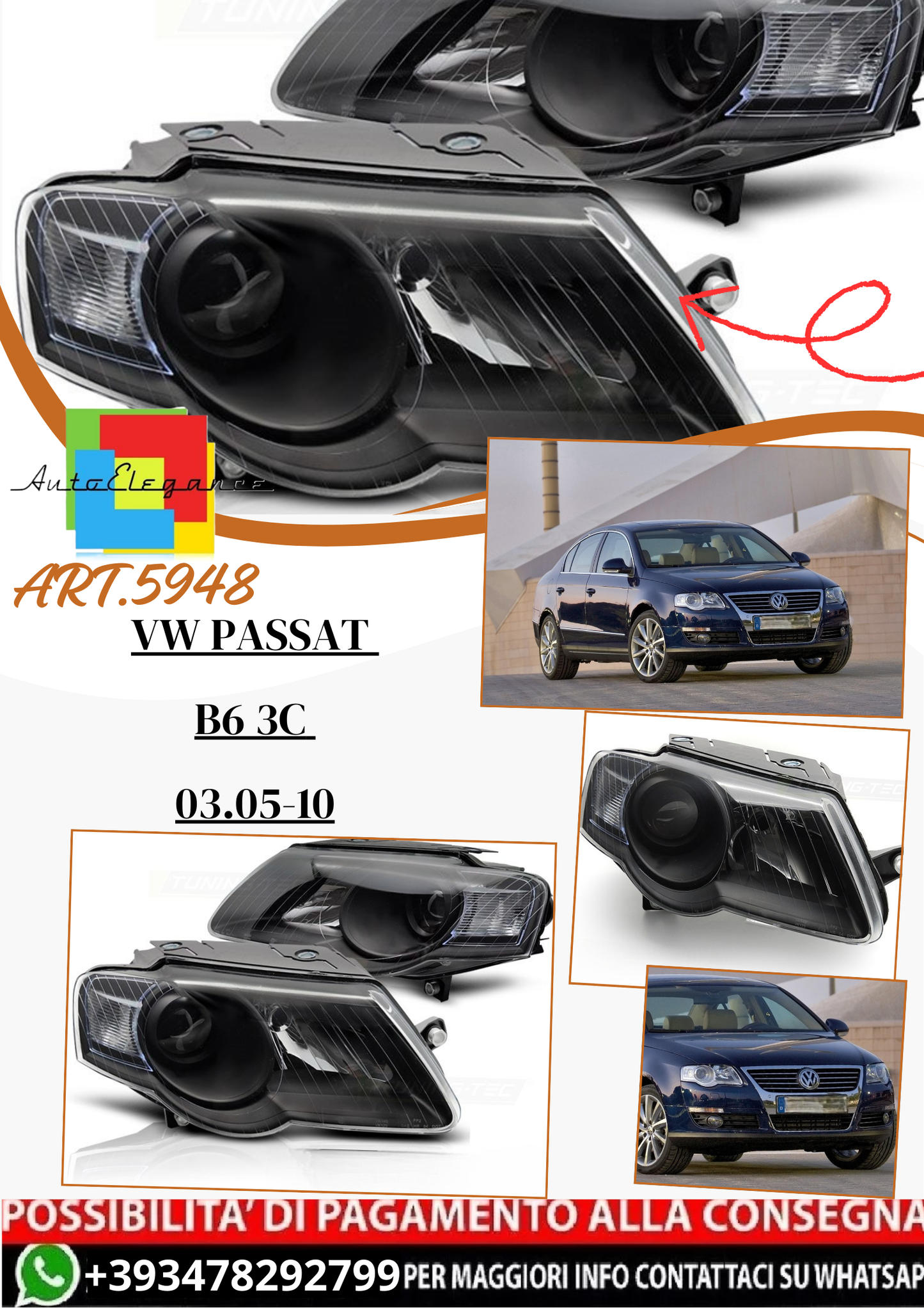 💫ART.5948 Fari anteriori neri adatti per VW Passat B6 3C 03.05–10💫