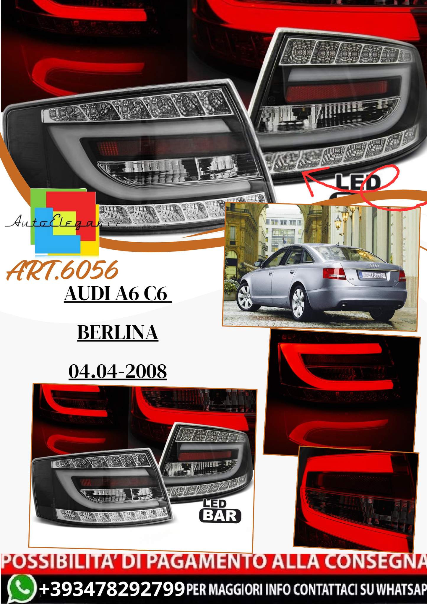 💫 ART.6056 Fanali posteriori LED neri adatti per Audi A6 C6 Berlina 2004–2008 (7 Pin) 💫