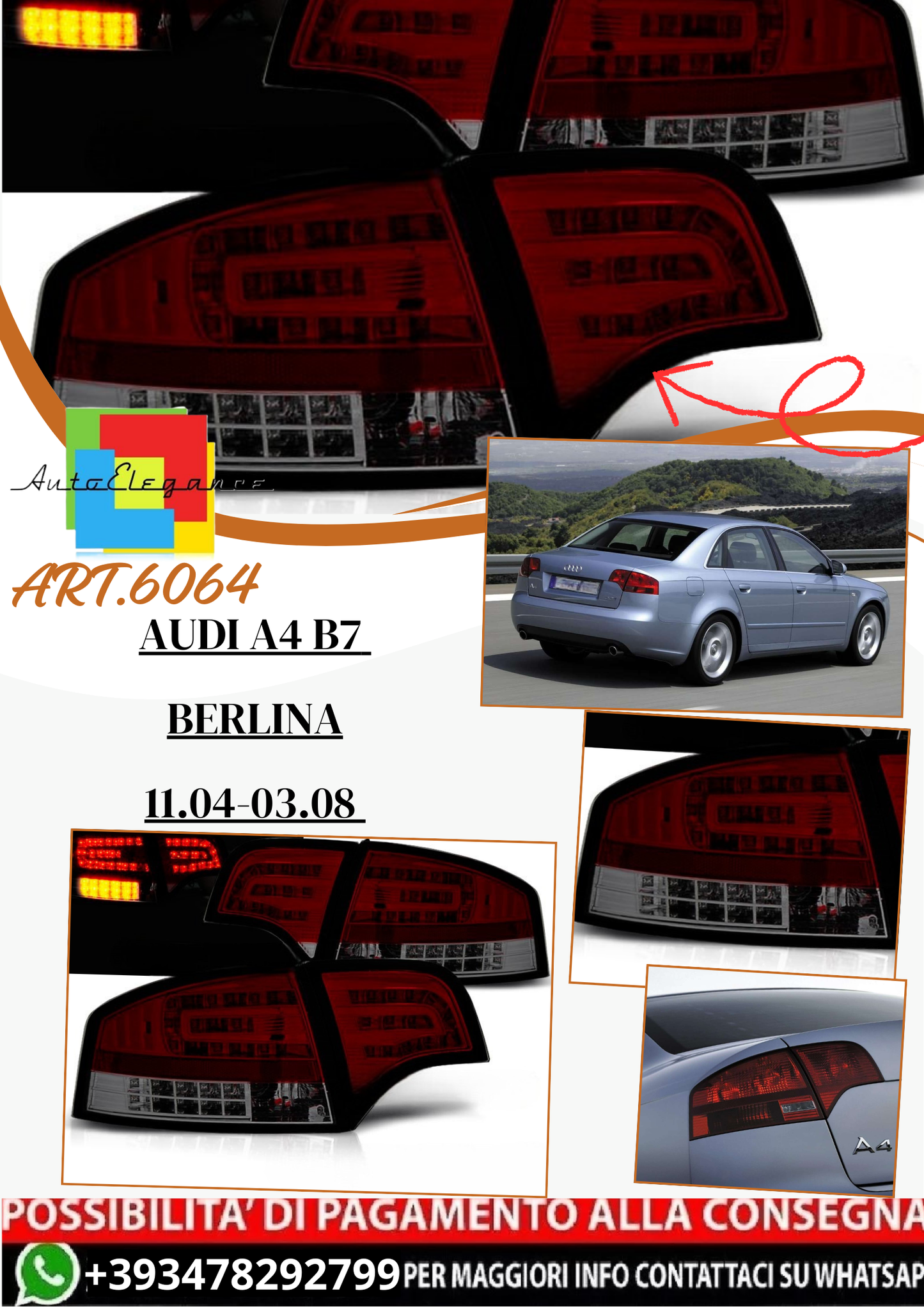💫ART.6064 Fanali posteriori LED rosso fumé adatti per Audi A4 B7 Berlina 11.2004–03.2008💫