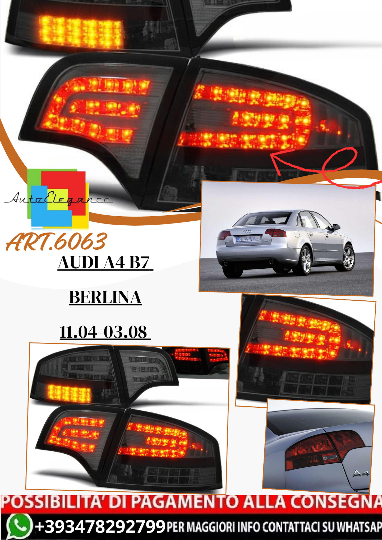 💫ART.6063 Fanali posteriori LED fumé adatti per Audi A4 B7 Berlina 11.2004–03.2008💫