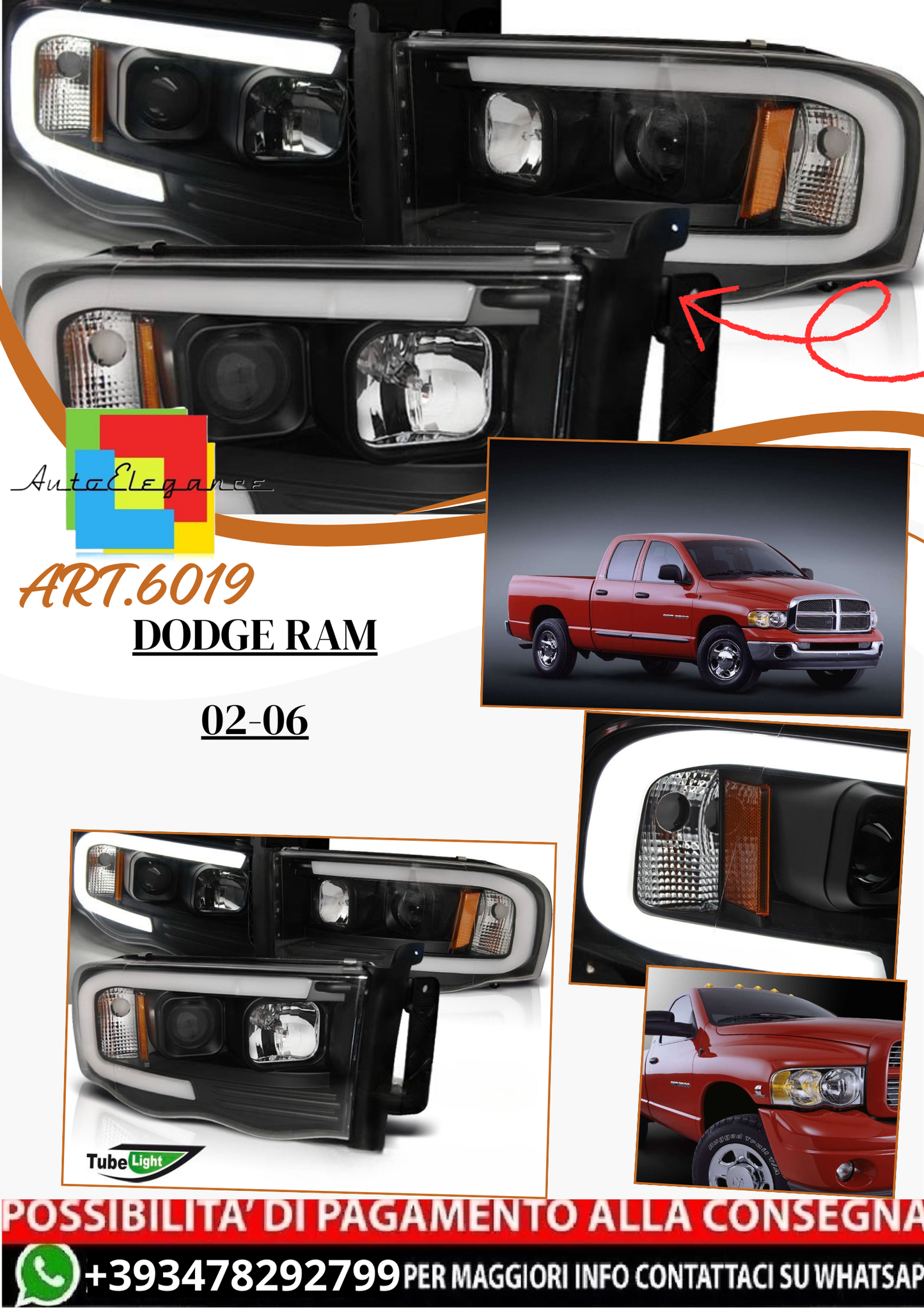💫 ART.6019 Fari anteriori TUBE LIGHT neri adatti per Dodge Ram 2002–2006 💫