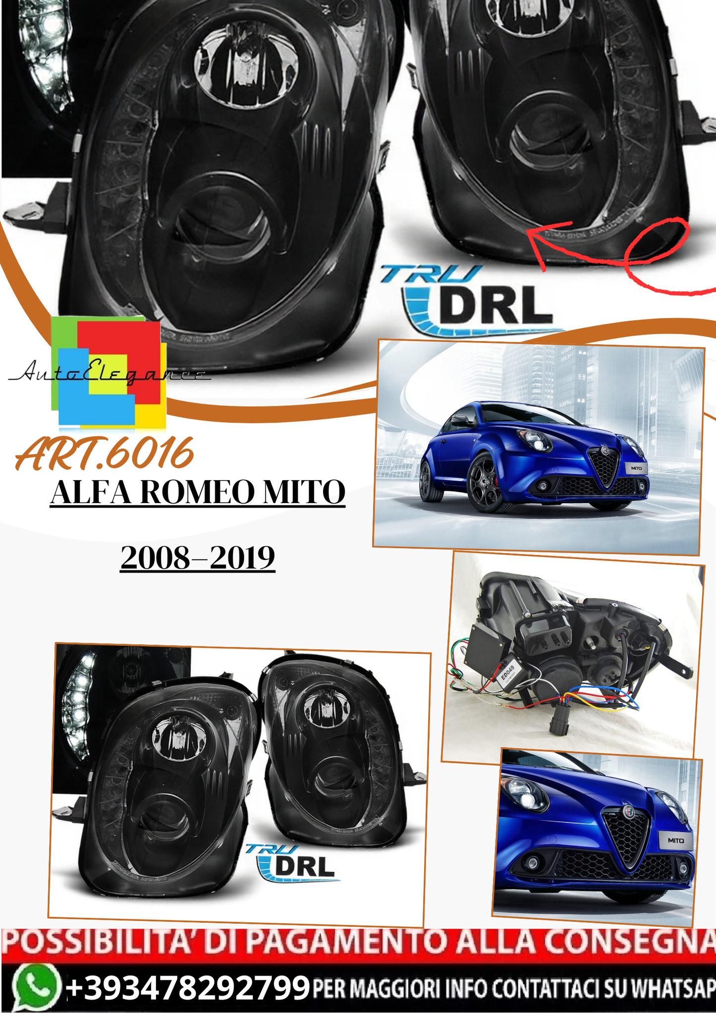 💫 ART.6016 Fari anteriori neri con DRL per Alfa Romeo MiTo 2008–2019 💫