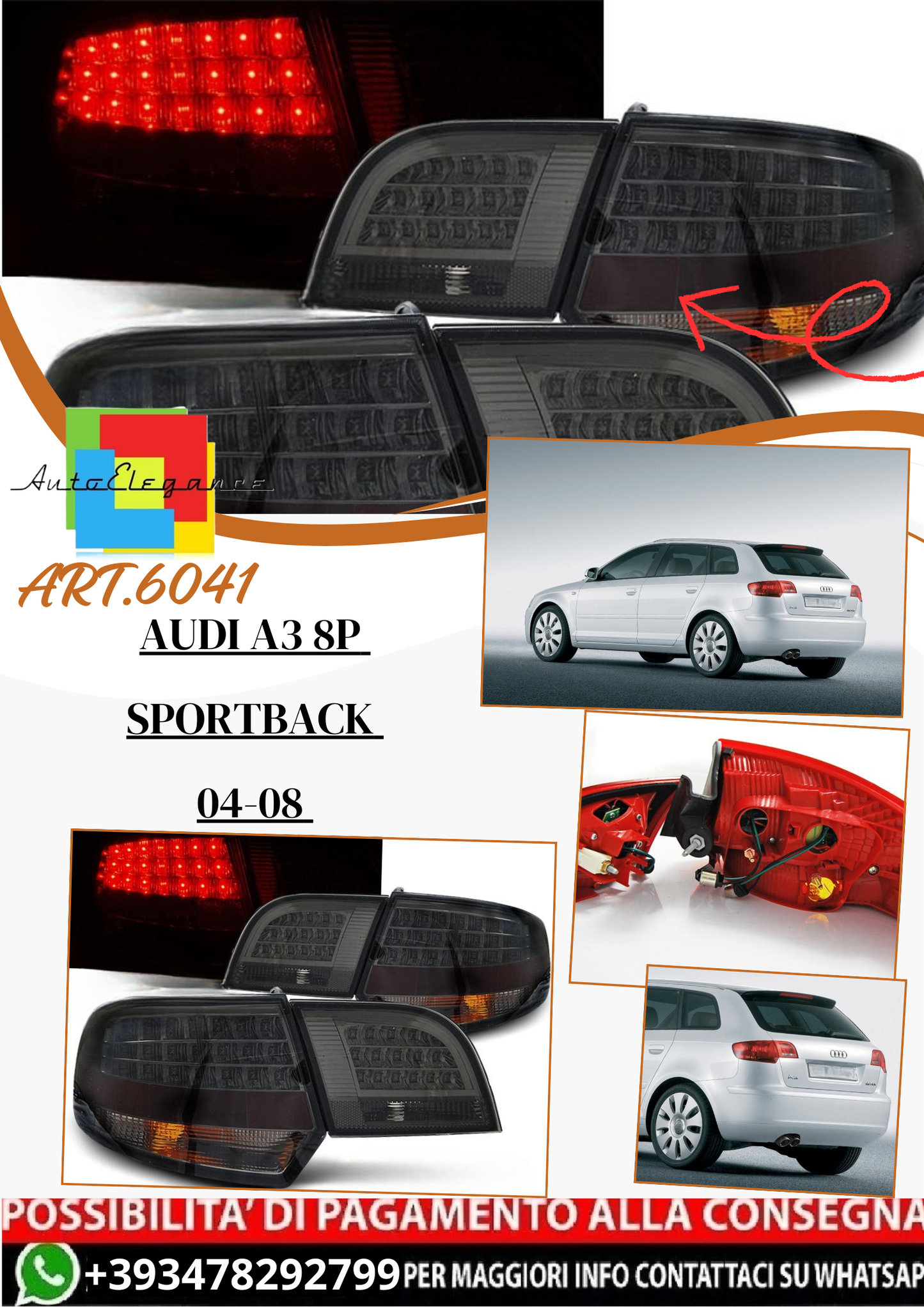 💫 ART.6041 Fanali posteriori LED fumé adatti per Audi A3 8P Sportback 2004–2008 💫