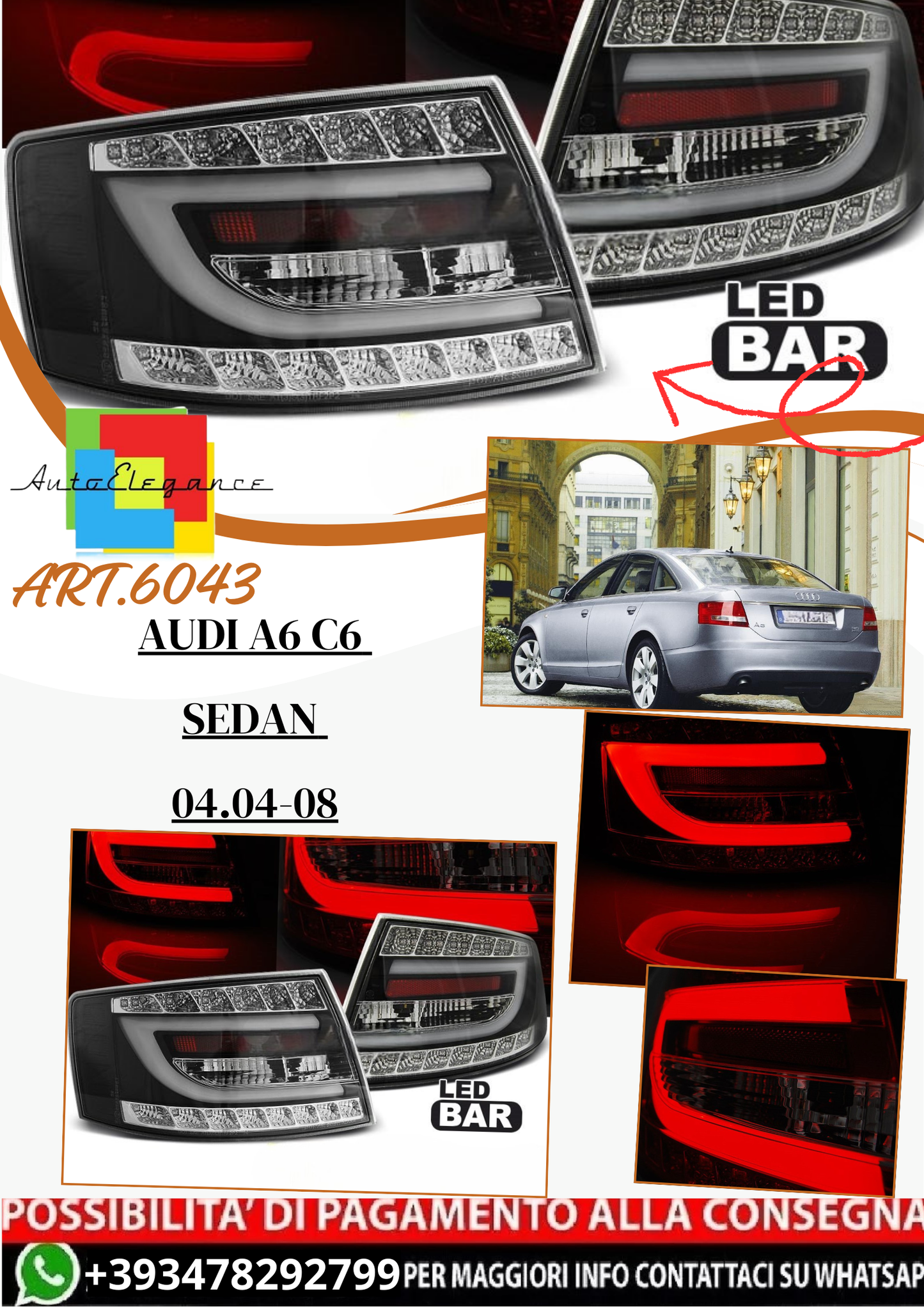 💫 ART.6043 Fanali posteriori LED neri adatti per Audi A6 C6 Berlina 04.2004–2008 (6 PIN) 💫