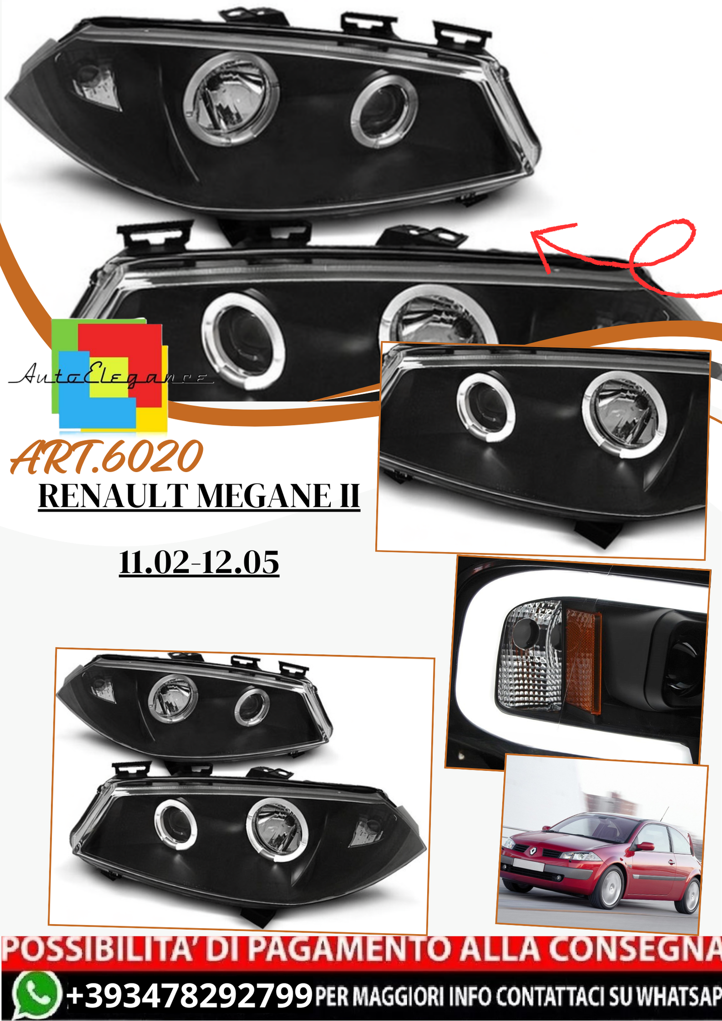 💫 ART.6020 Fari anteriori ANGEL EYES neri adatti per Renault Megane II 11.2002–12.2005 💫
