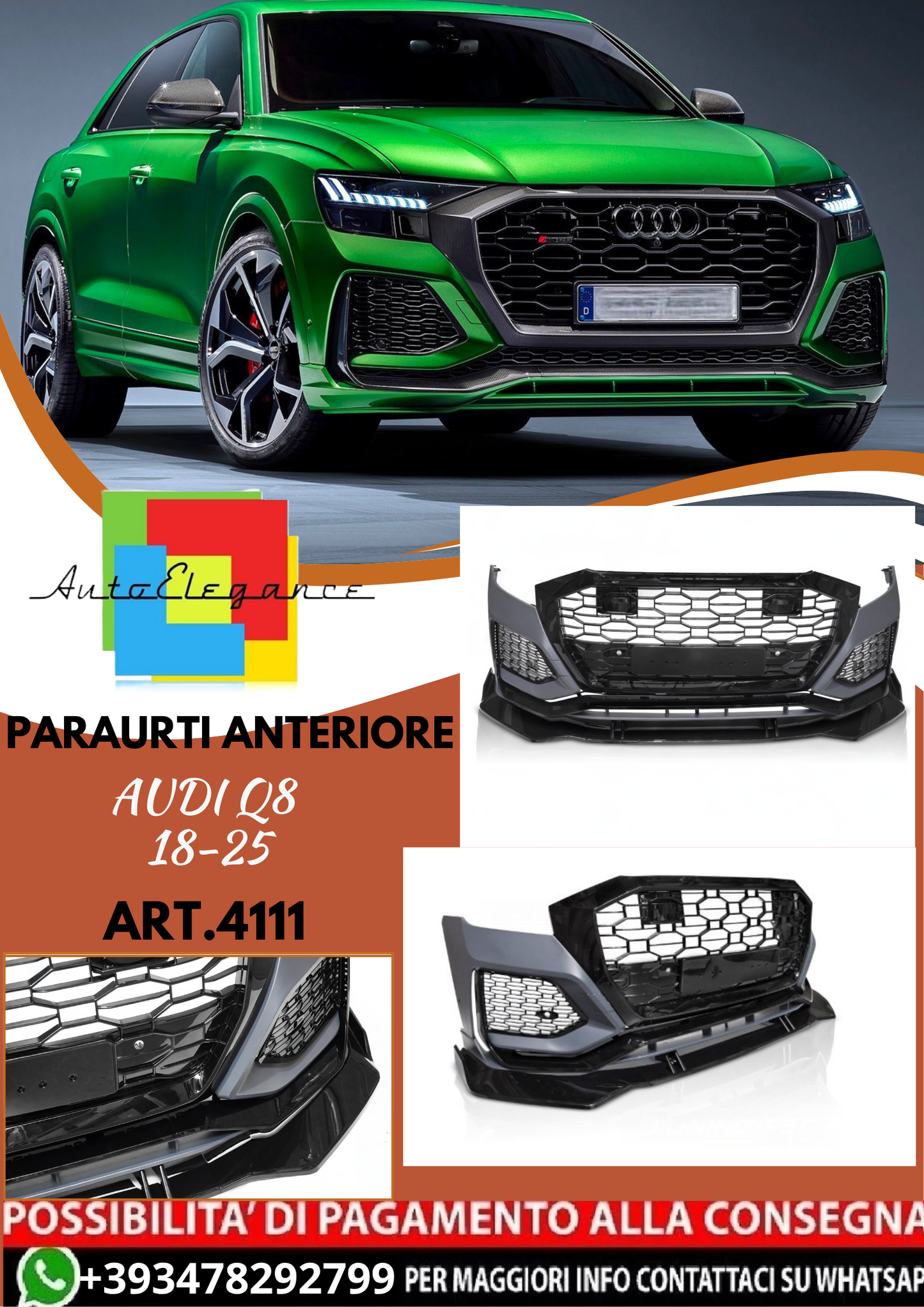 💥ART.4111 Paraurti Anteriore adatto per AUDI Q8 18-25 LOOK S LINE💥