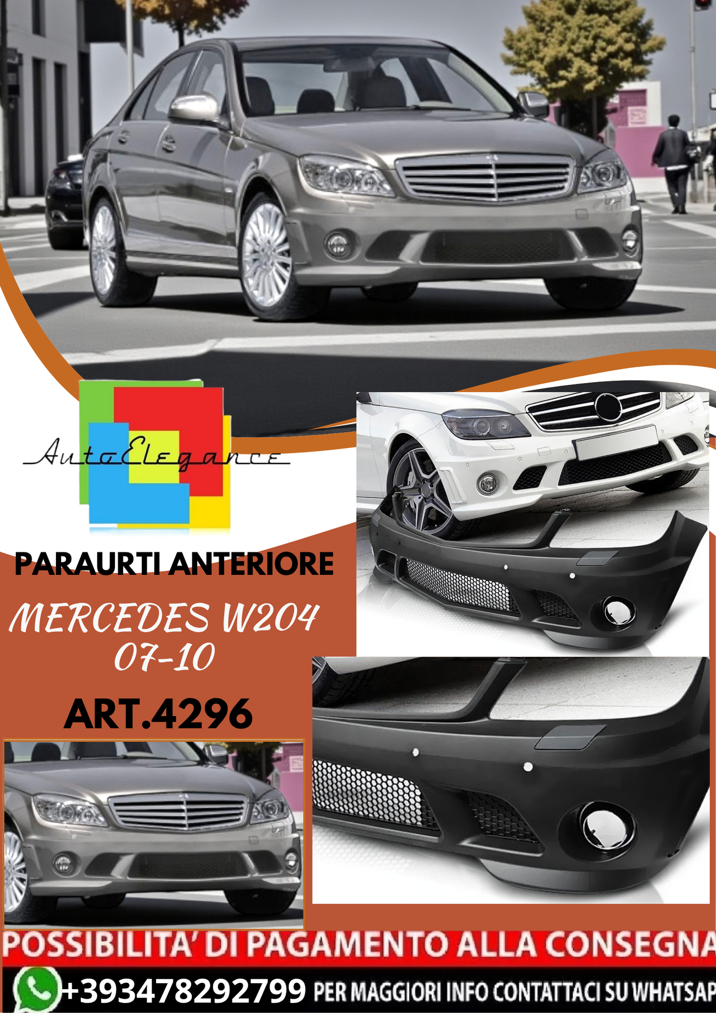 💥ART.4296 Paraurti Anteriore adatto per MERCEDES W204 07-10 LOOK AMG💥