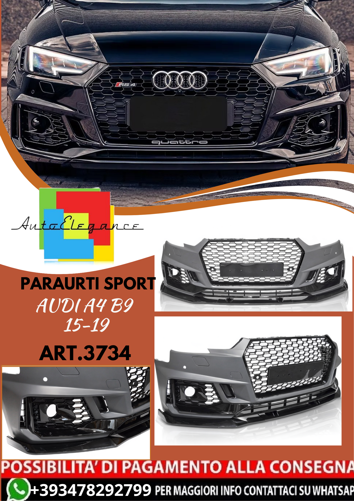 💥ART.3734 PARAURTI ANTERIORE SPORT adatto per AUDI A4 B9 15-19💥