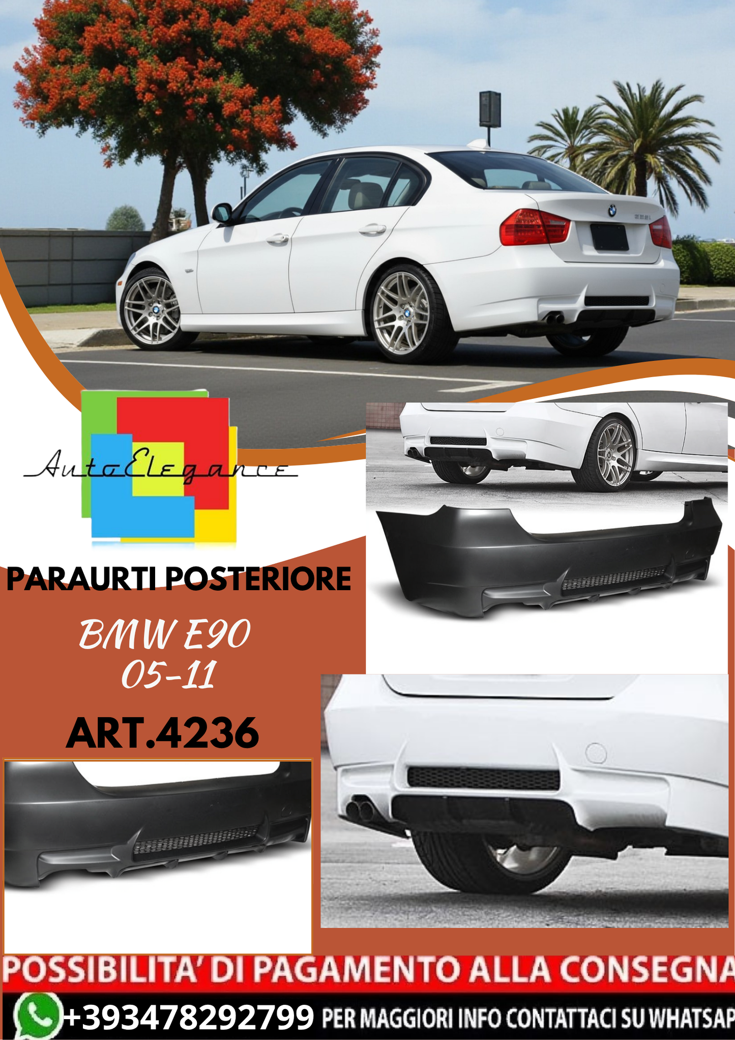 💥ART.4236 Paraurti Posteriore adatto per BMW E90 05-11 LOOK M3💥