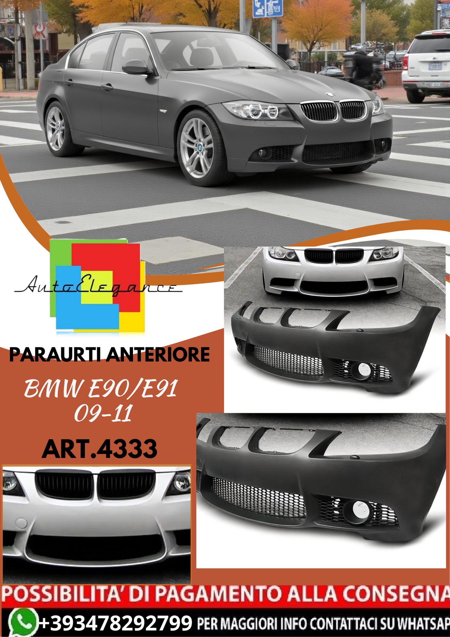 💥ART.4333 Paraurti Anteriore adatto per BMW E90/E91 09-11 LOOK M3💥