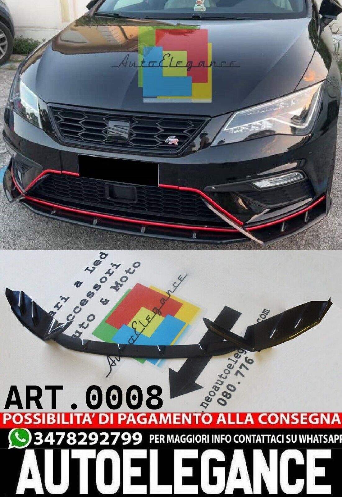 SEAT LEON 5F SPOILER FR SOTTO PARAURTI ANTERIORE ABS NERO LUCIDO SPLITTER LAMA .