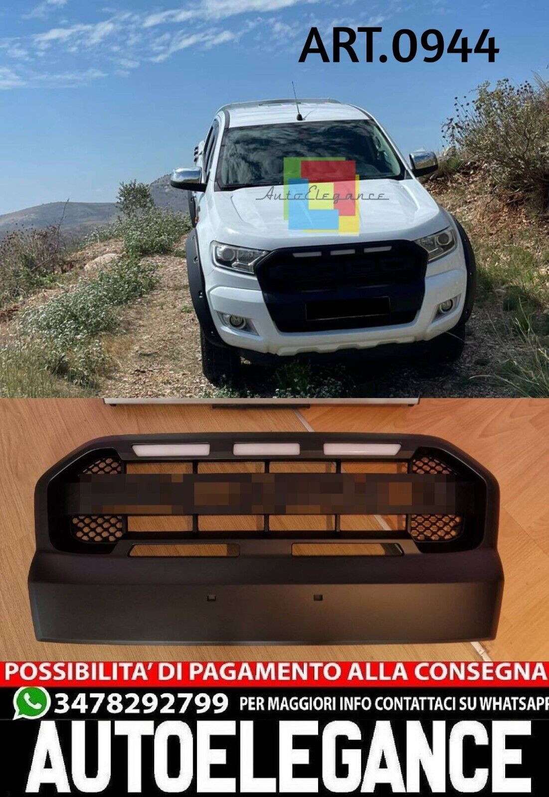 GRIGLIA ADATTA PER FORD RANGER T6 2015-2018 NERO OPACA + LED LOOK SPORTIVO