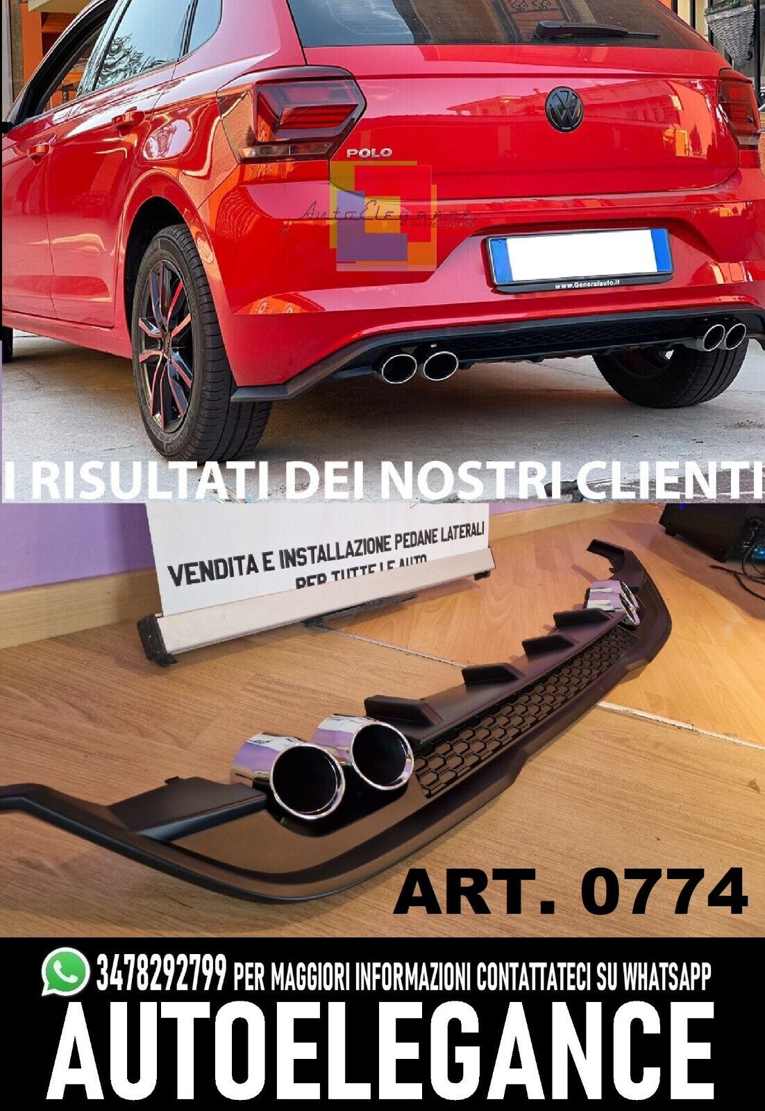 VW POLO AW1 DIFFUSORE POSTERIORE SOTTO PARAURTI QUATTRO TERMINALI ABS NERO ..-