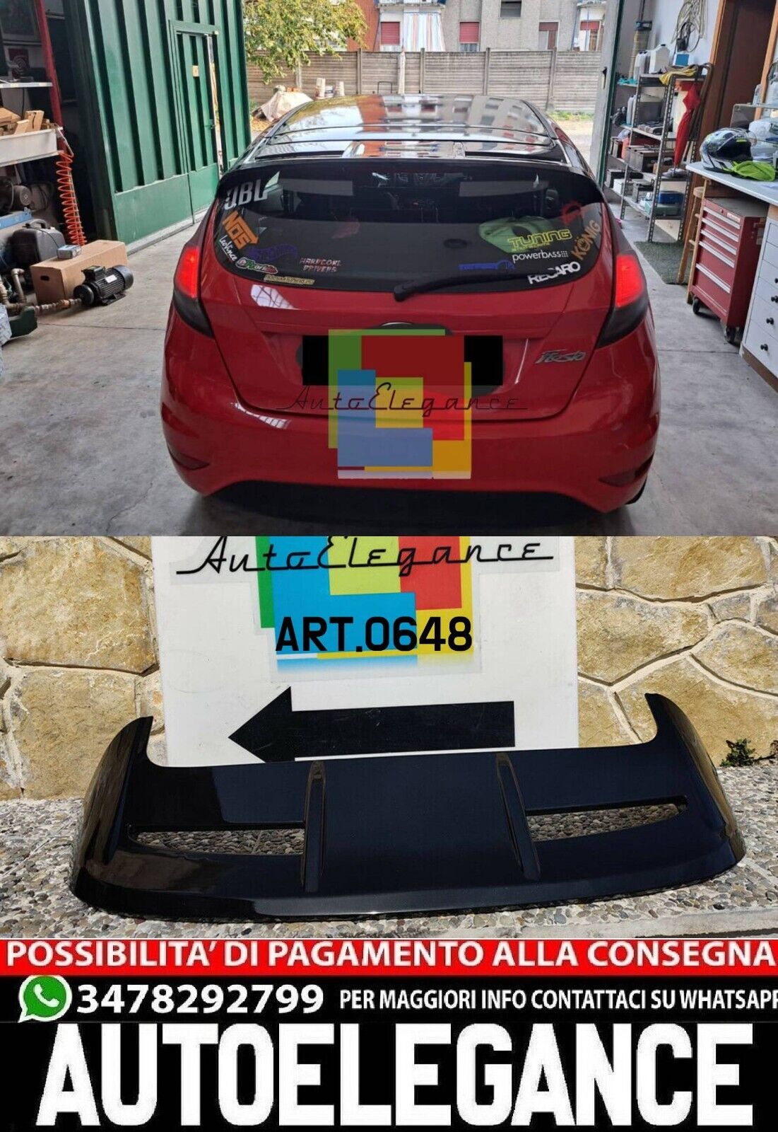SPOILER TETTO ADATTO PER FORD FIESTA MK7 2008-2017 LOOK ST NERO LUCIDO + 3° STOP