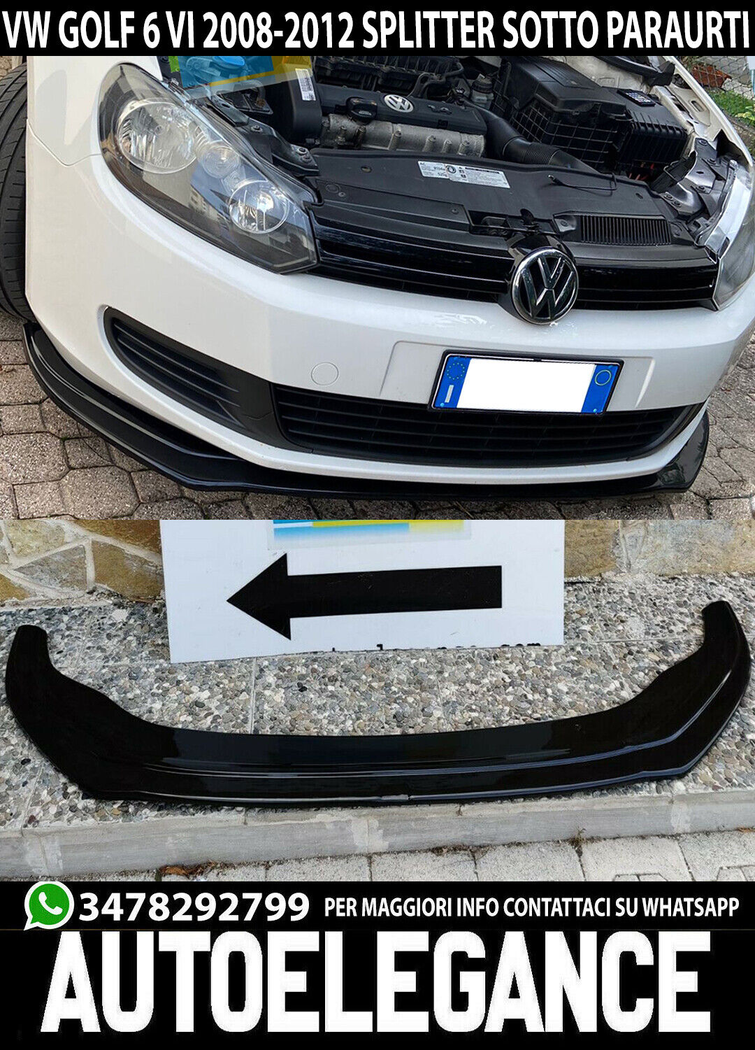 LABBRO PER VW GOLF 6 2008-2012 LAMA SOTTO PARAURTI ANTERIORE ABS NERO SPLITTER