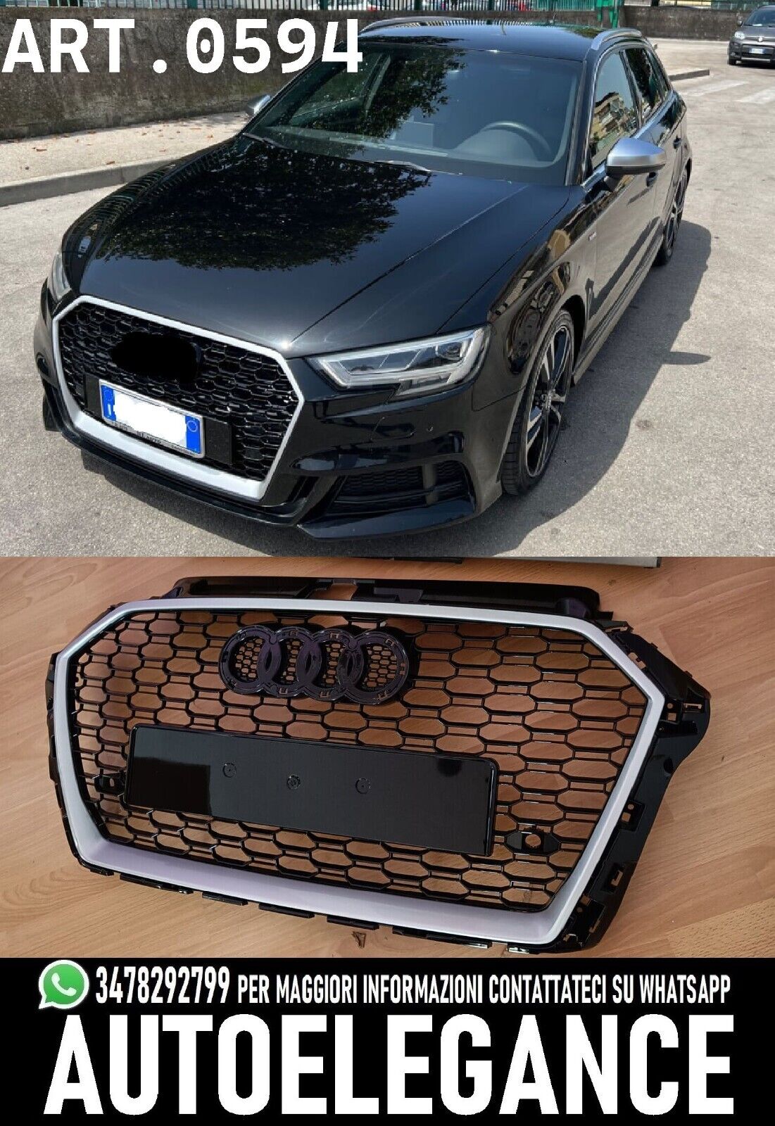 GRIGLIA ANTERIORE AUDI A3 8V 2016-2019 CALANDRA RS3 NIDO D'APE BORDO SATINATA ..