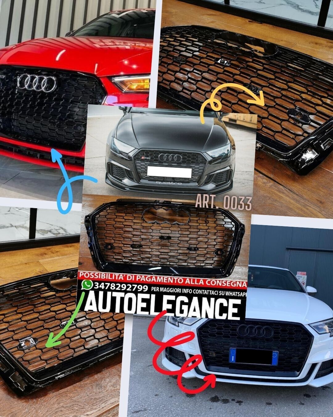 GRIGLIA ADATTA PER AUDI A3 8V 2017-2020 LOOK RS3 LOOK NERO LUCIDA 0033