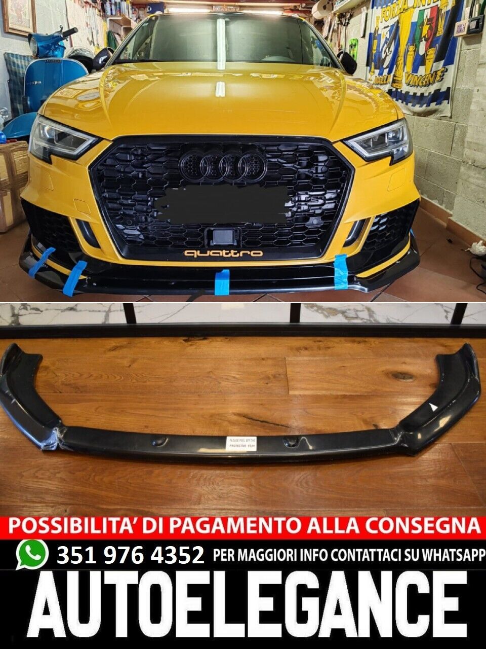 SPLITTER SOTTO PARAURTI ADATTO PER AUDI A3 8V 2017+ RS3 ABS LOOK NERO LUCIDO
