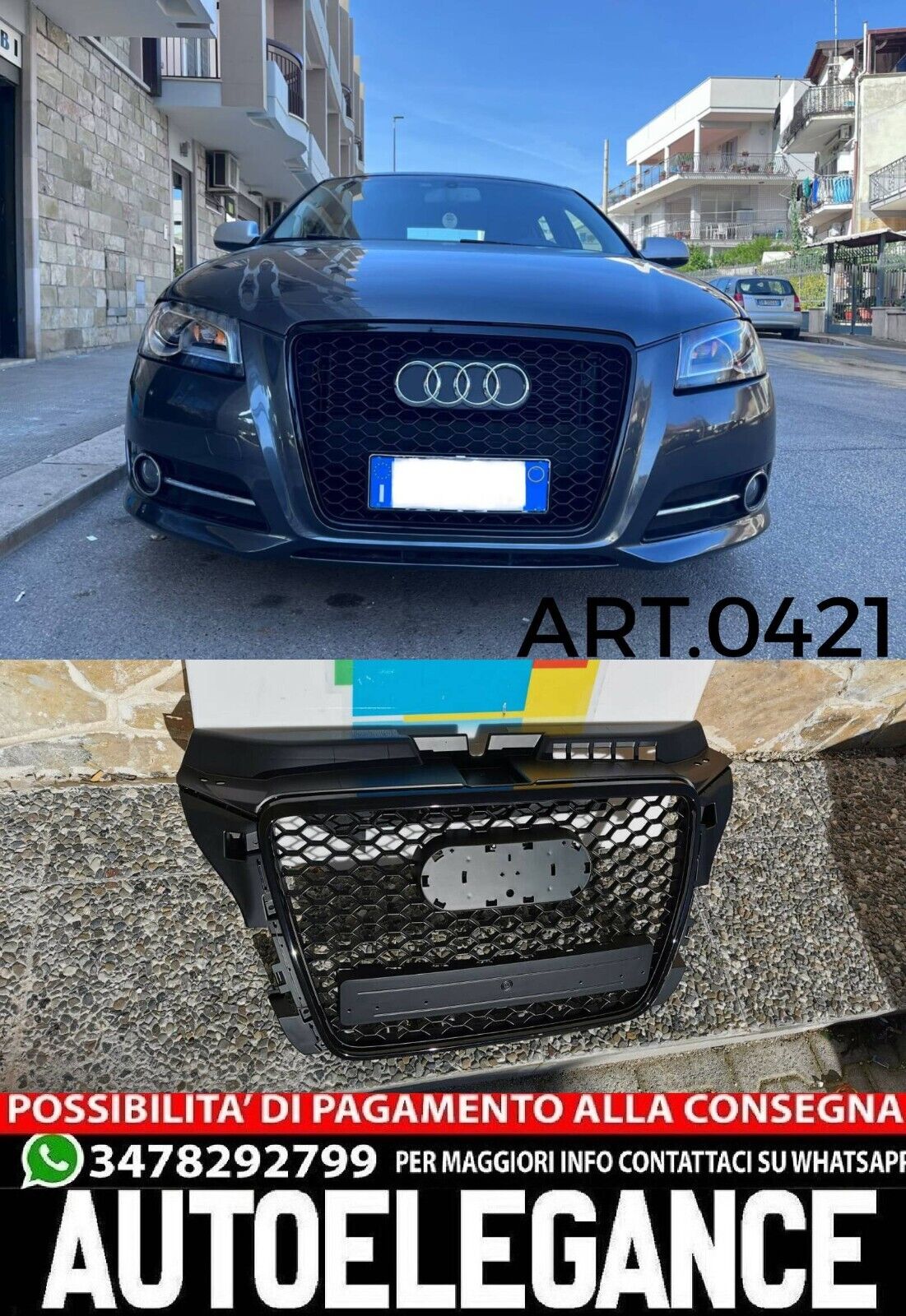 GRIGLIA ADATTA PER AUDI A3 8P 2008-2012 LOOK RS3 NERA DESIGN SPORTIVO