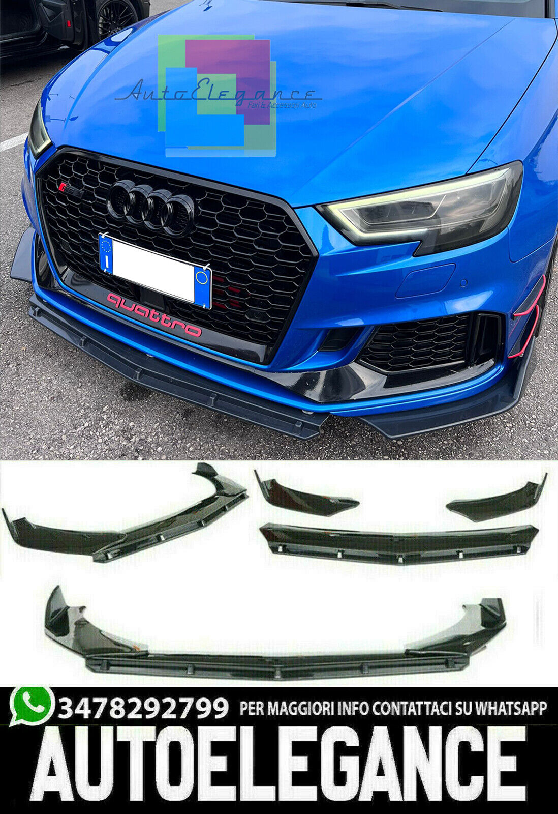 AUDI A3 8V SPORTBACK RS3 2016+ FRONT BUMPER SPLITTER GLOSS BLACK RS LOOK