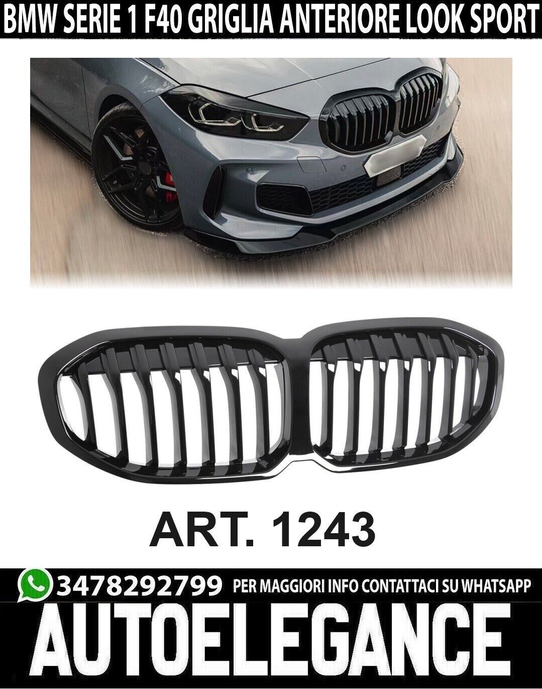 RADIATOR GRILLE KIDNEY GRILLE GLOSS BLACK SINGLE BRIDGE FOR BMW 1 SERIES F40 5