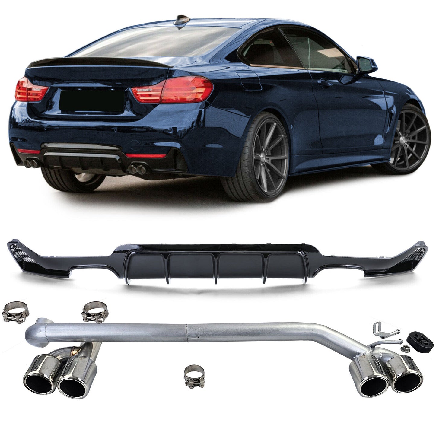 Glossy Rear Diffuser + Sporty Look Exhaust Tip Suitable for BMW 