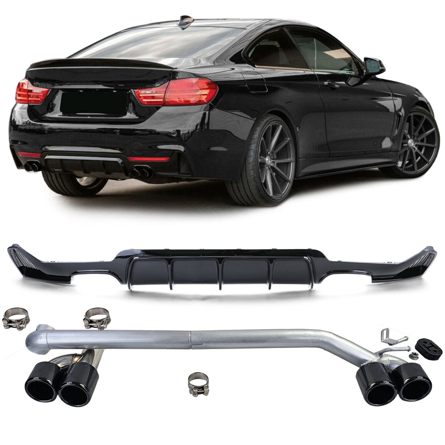 Glossy Rear Diffuser + Sporty Look Exhaust Tip Suitable for BMW 