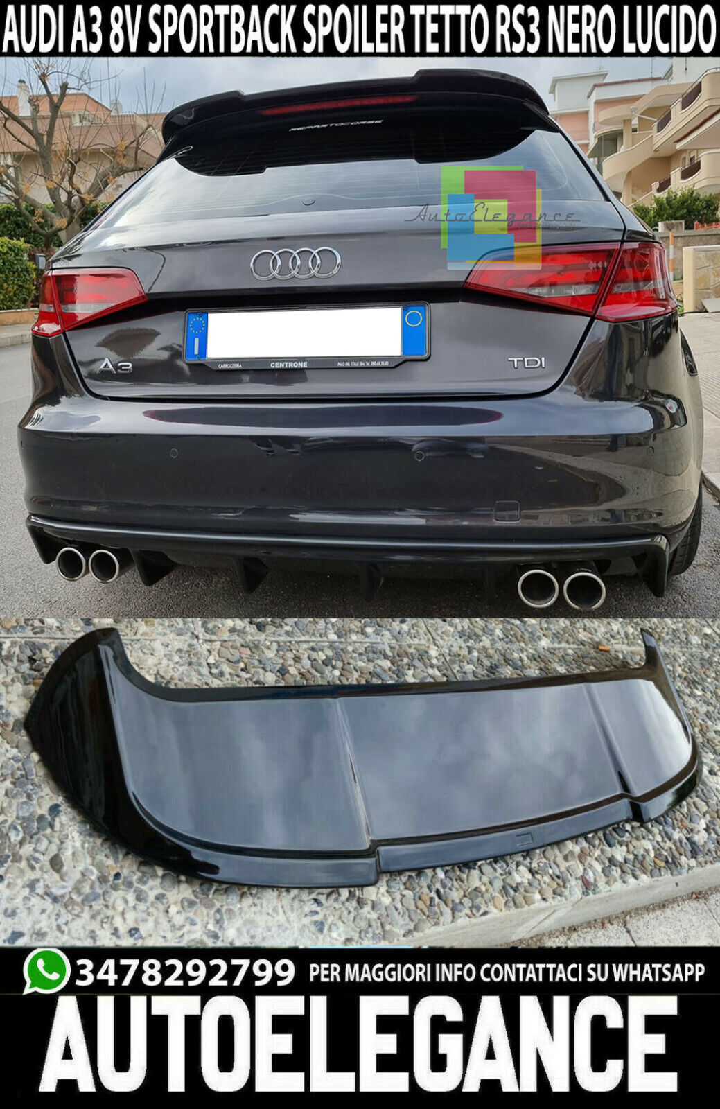 RS3 REAR ROOF SPOILER AUDI A3 8V SPORTBACK 2012-2018 GLOSSY BLACK 