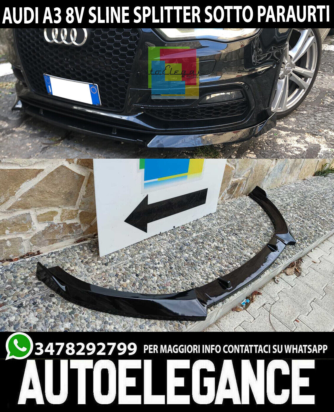 💎UNDER BUMPER SPLITTER AUDI A3 8V 2012+ SLINE ABS GLOSSY BLACK SPOILER 3 PIECES 