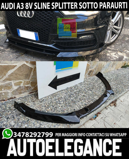💎UNDER BUMPER SPLITTER AUDI A3 8V 2012+ SLINE ABS GLOSSY BLACK SPOILER 3 PIECES 