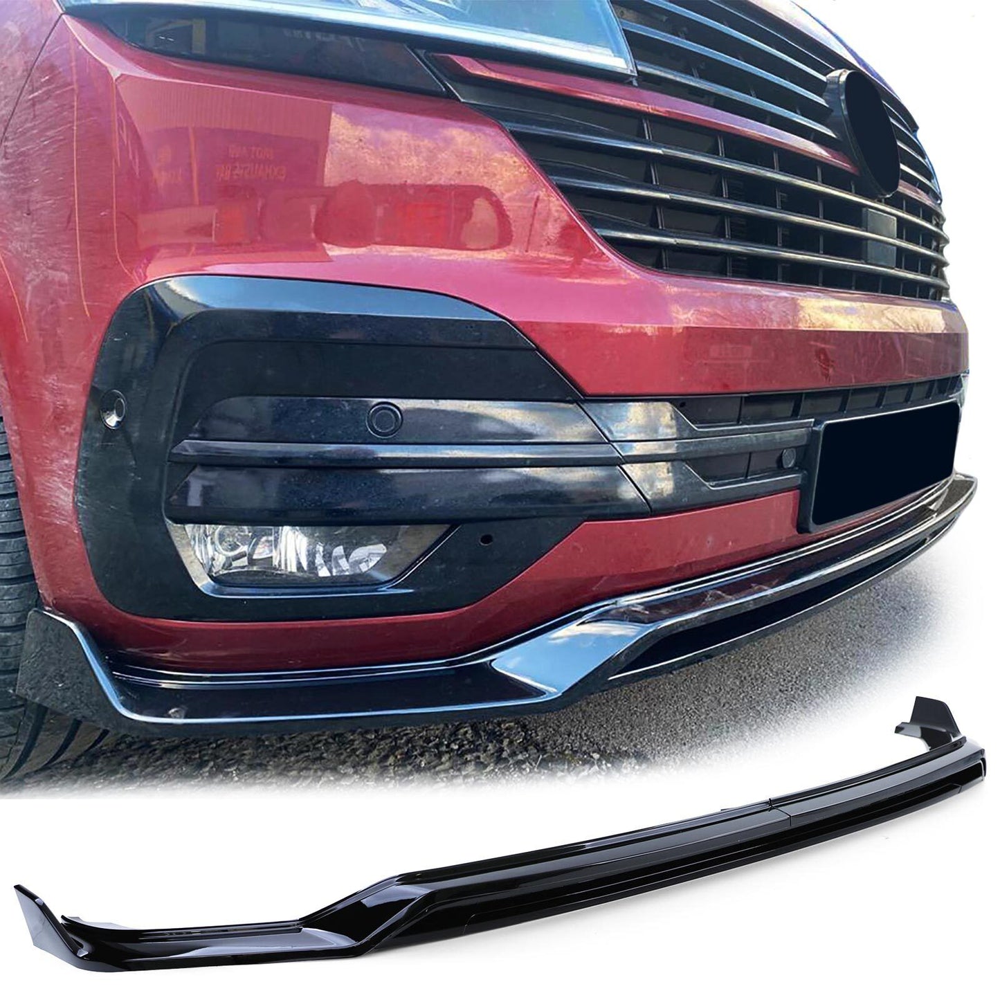 Front spoiler lip with splitter and grille in glossy black for VW Bus T6.1 from 19 