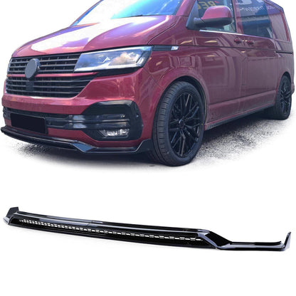 Front spoiler lip with splitter and grille in glossy black for VW Bus T6.1 from 19 